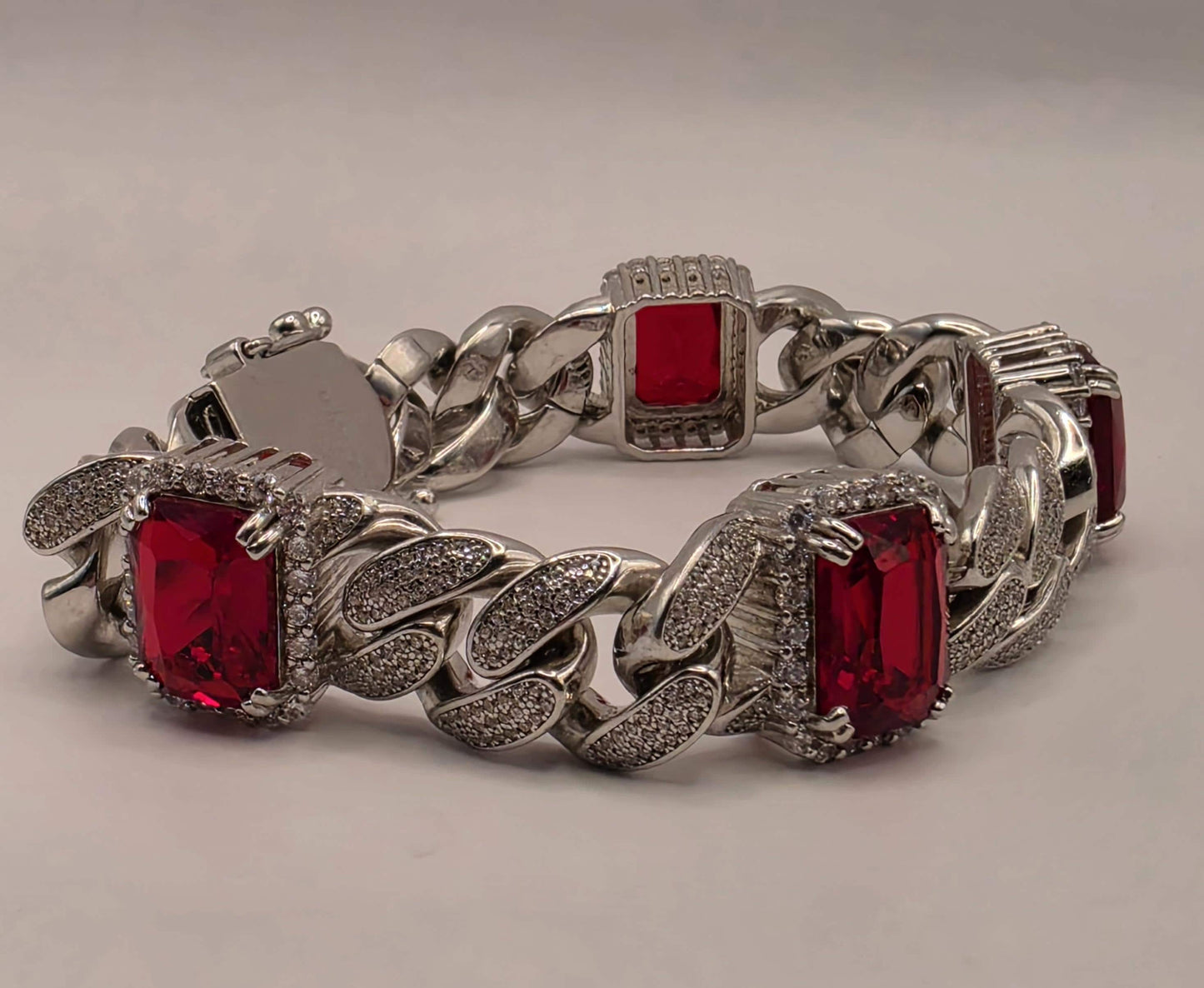 Sterling Silver Cuban Link Red CZ Bracelet | 925 Silver Iced Out Statement Bracelet 9 Inch