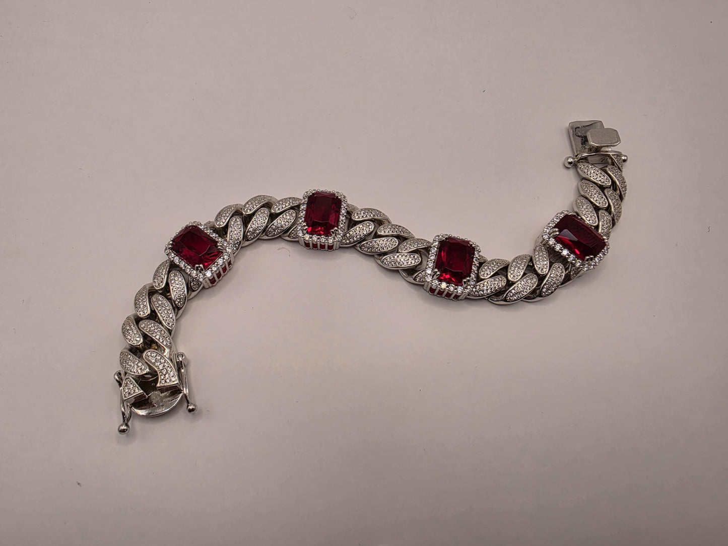 Sterling Silver Cuban Link Red CZ Bracelet | 925 Silver Iced Out Statement Bracelet 9 Inch