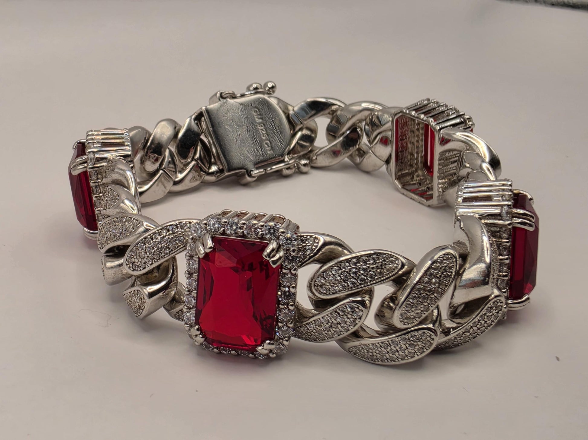 Sterling Silver Cuban Link Red CZ Bracelet | 925 Silver Iced Out Statement Bracelet 9 Inch