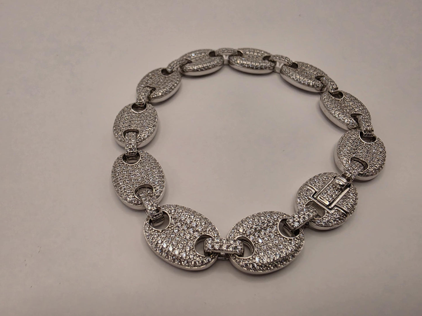 Sterling Silver Pave Mariner Link Bracelet | 925 Silver Iced Out Oval Link Bracelet 8.5 Inch