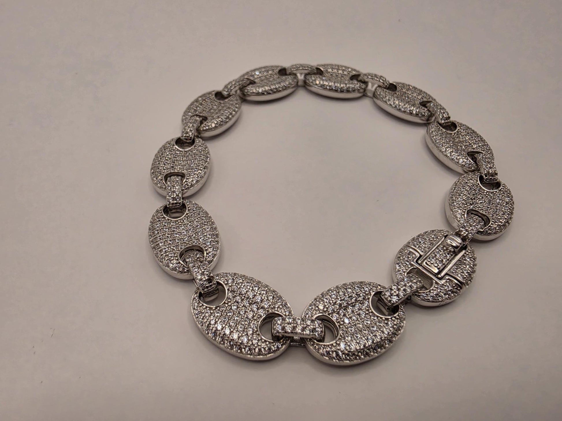 Sterling Silver Pave Mariner Link Bracelet | 925 Silver Iced Out Oval Link Bracelet 8.5 Inch