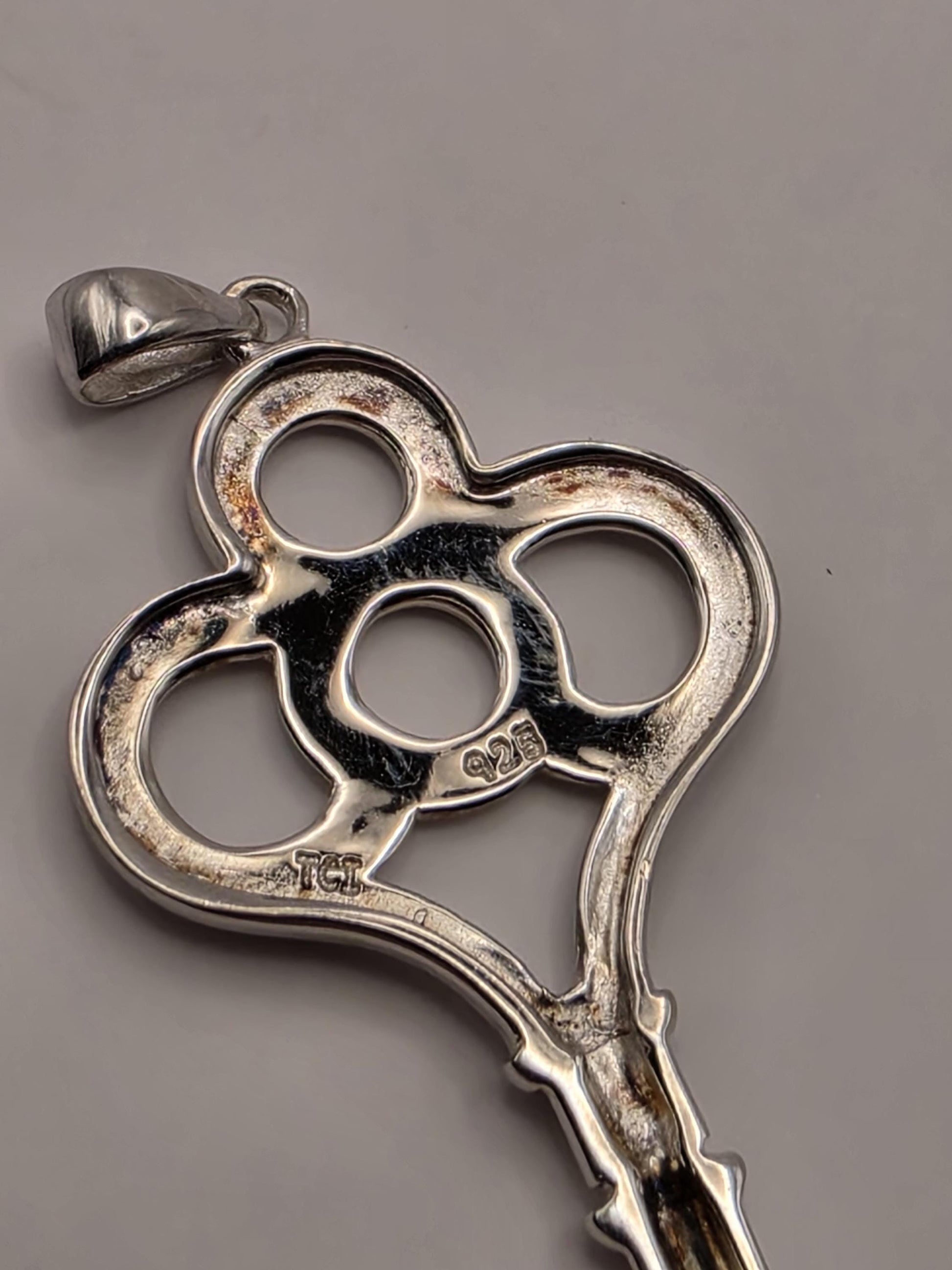 Sterling Silver Skeleton Key Pendant, Clover Bow Vintage Style 925