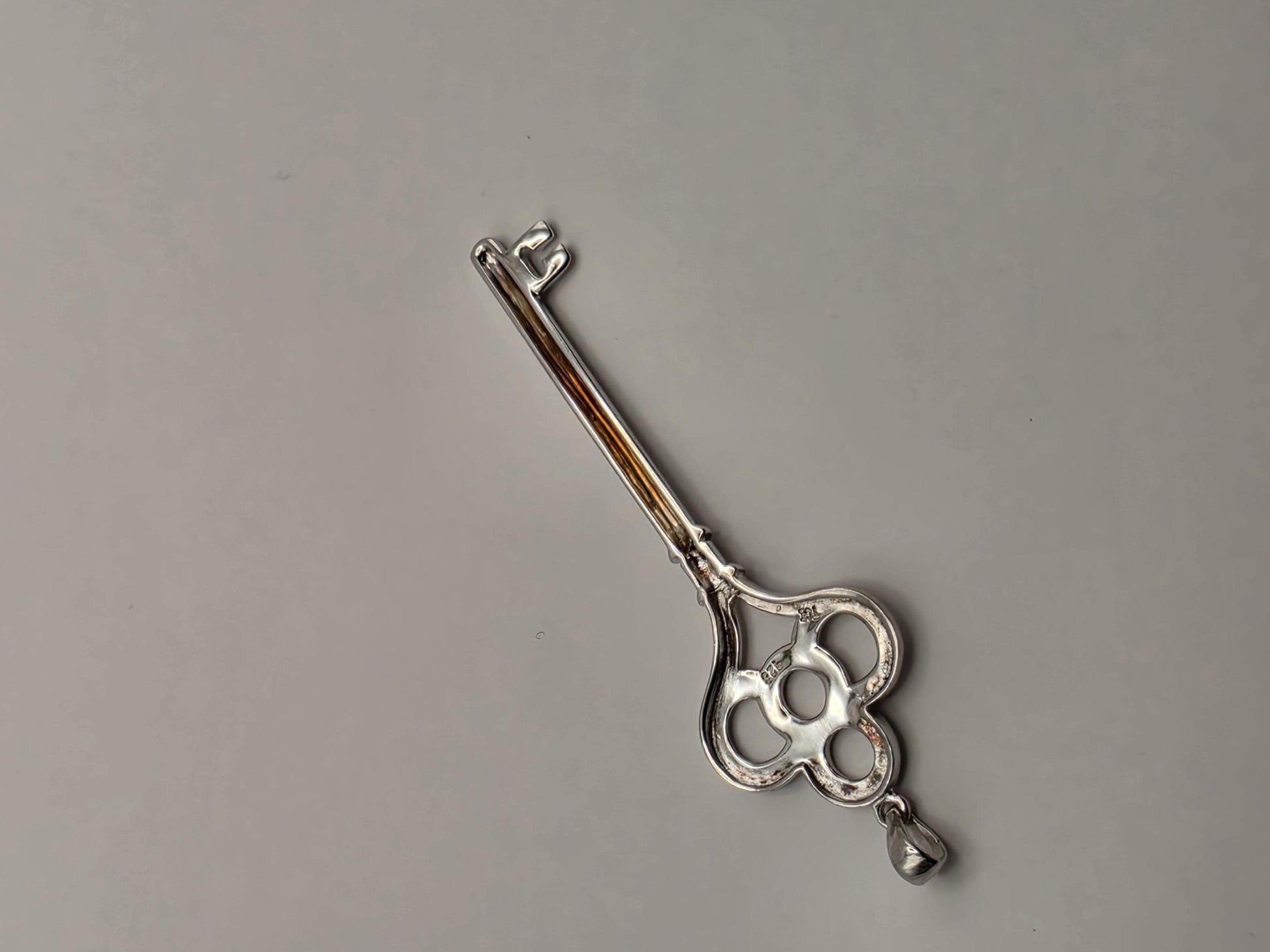 Sterling Silver Skeleton Key Pendant, Clover Bow Vintage Style 925