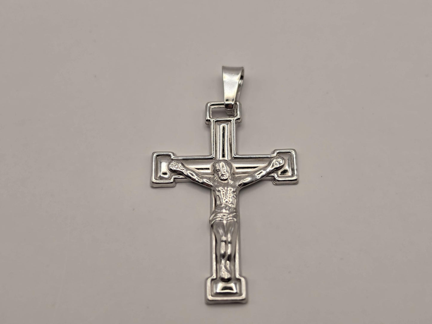 Sterling Silver Crucifix Pendant, Stepped Edge Cross with Corpus 925