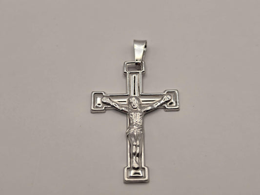 Sterling Silver Crucifix Pendant, Stepped Edge Cross with Corpus 925