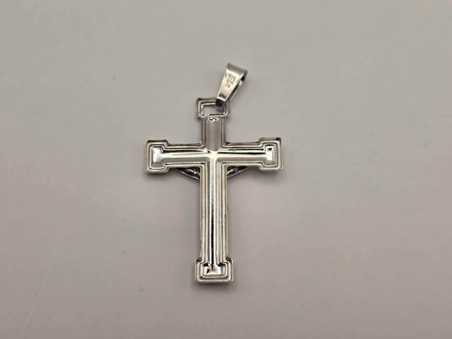 Sterling Silver Crucifix Pendant, Stepped Edge Cross with Corpus 925