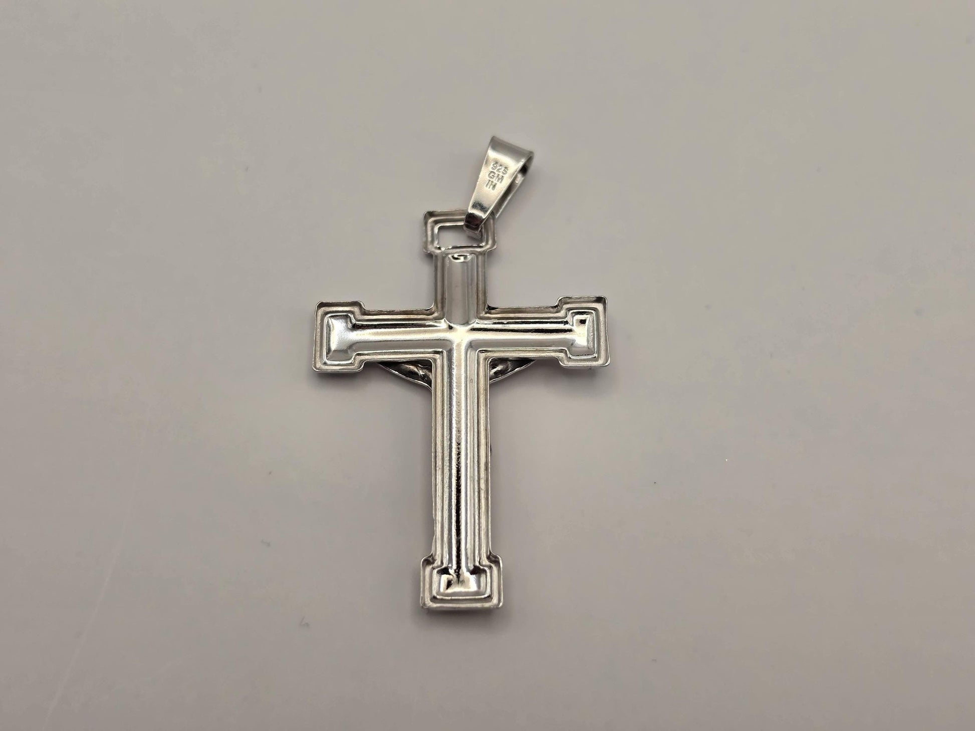 Sterling Silver Crucifix Pendant, Stepped Edge Cross with Corpus 925