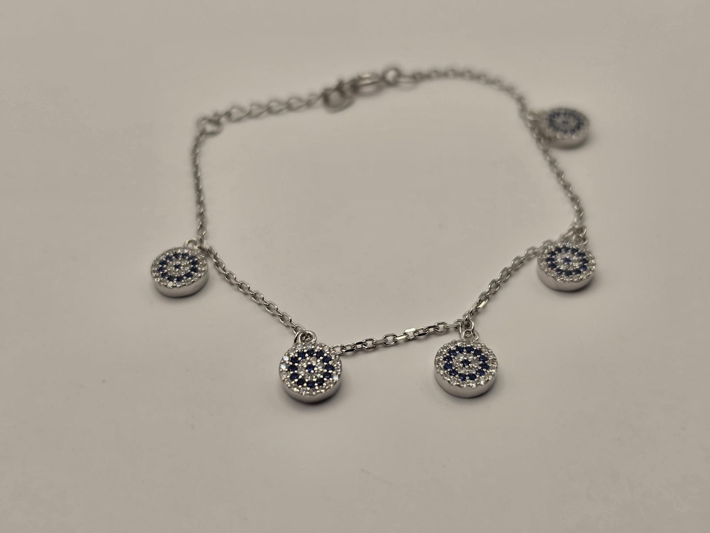 Sterling Silver Evil Eye Charm Bracelet, Five Station Dangle Chain 925