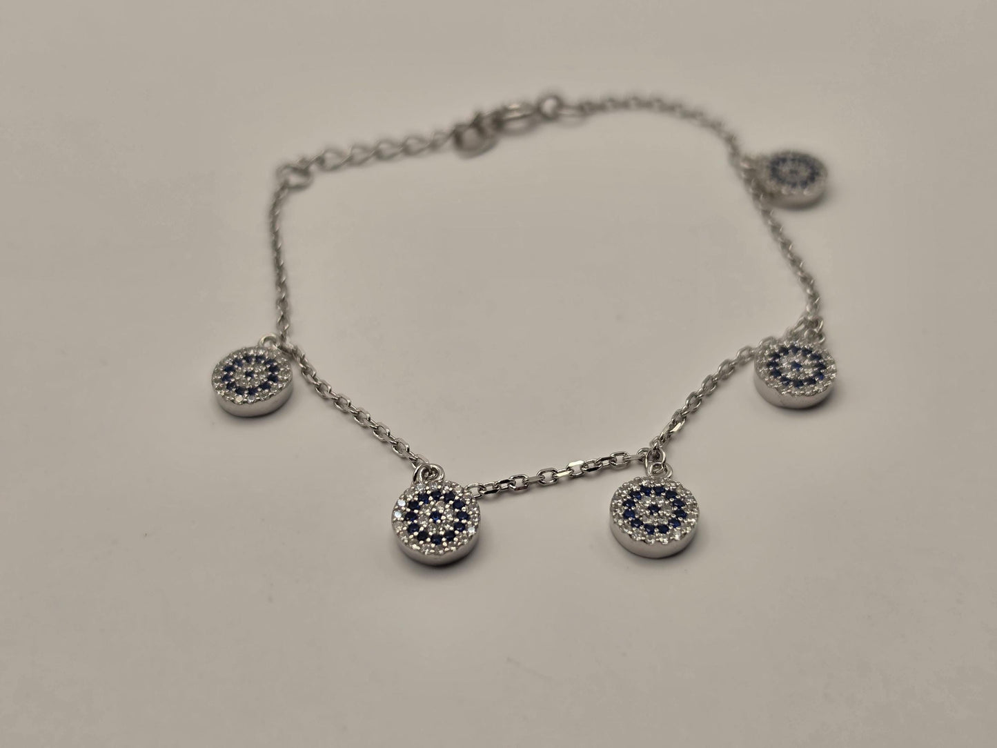 Sterling Silver Evil Eye Charm Bracelet, Five Station Dangle Chain 925