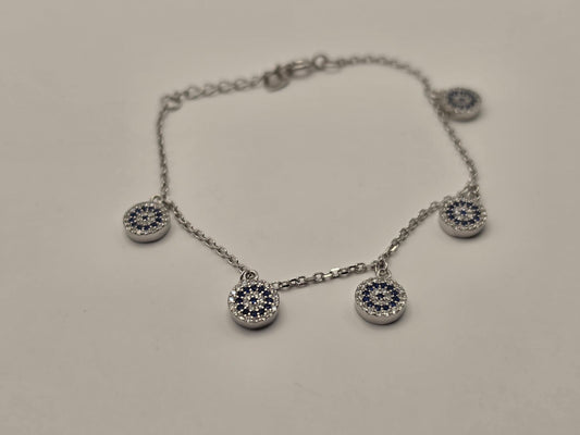 Sterling Silver Evil Eye Charm Bracelet, Five Station Dangle Chain 925