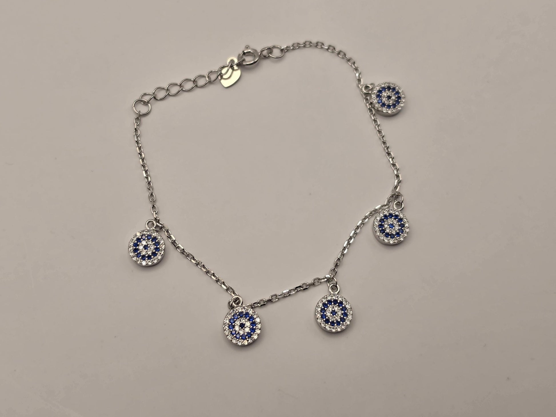 Sterling Silver Evil Eye Charm Bracelet, Five Station Dangle Chain 925
