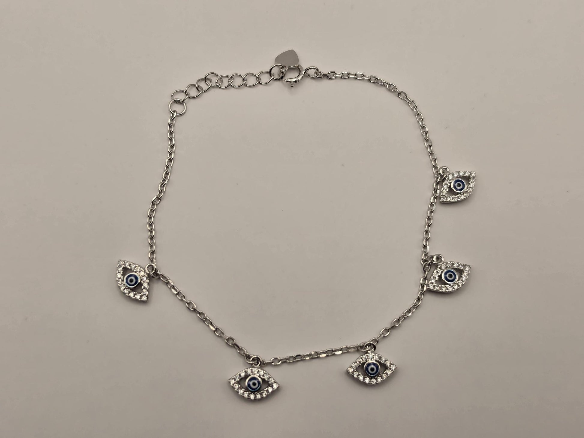 Sterling Silver Evil Eye Charm Bracelet, Marquise CZ Dangle Chain 925