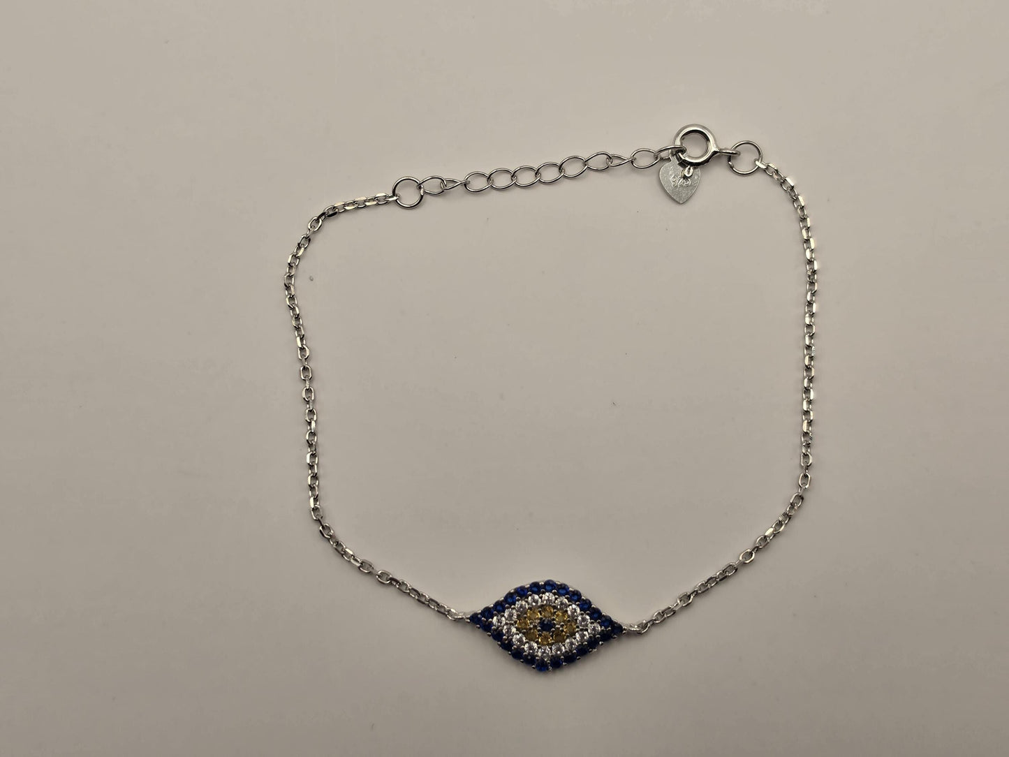 Sterling Silver Evil Eye Chain Bracelet, Blue CZ Pave Delicate Link 925