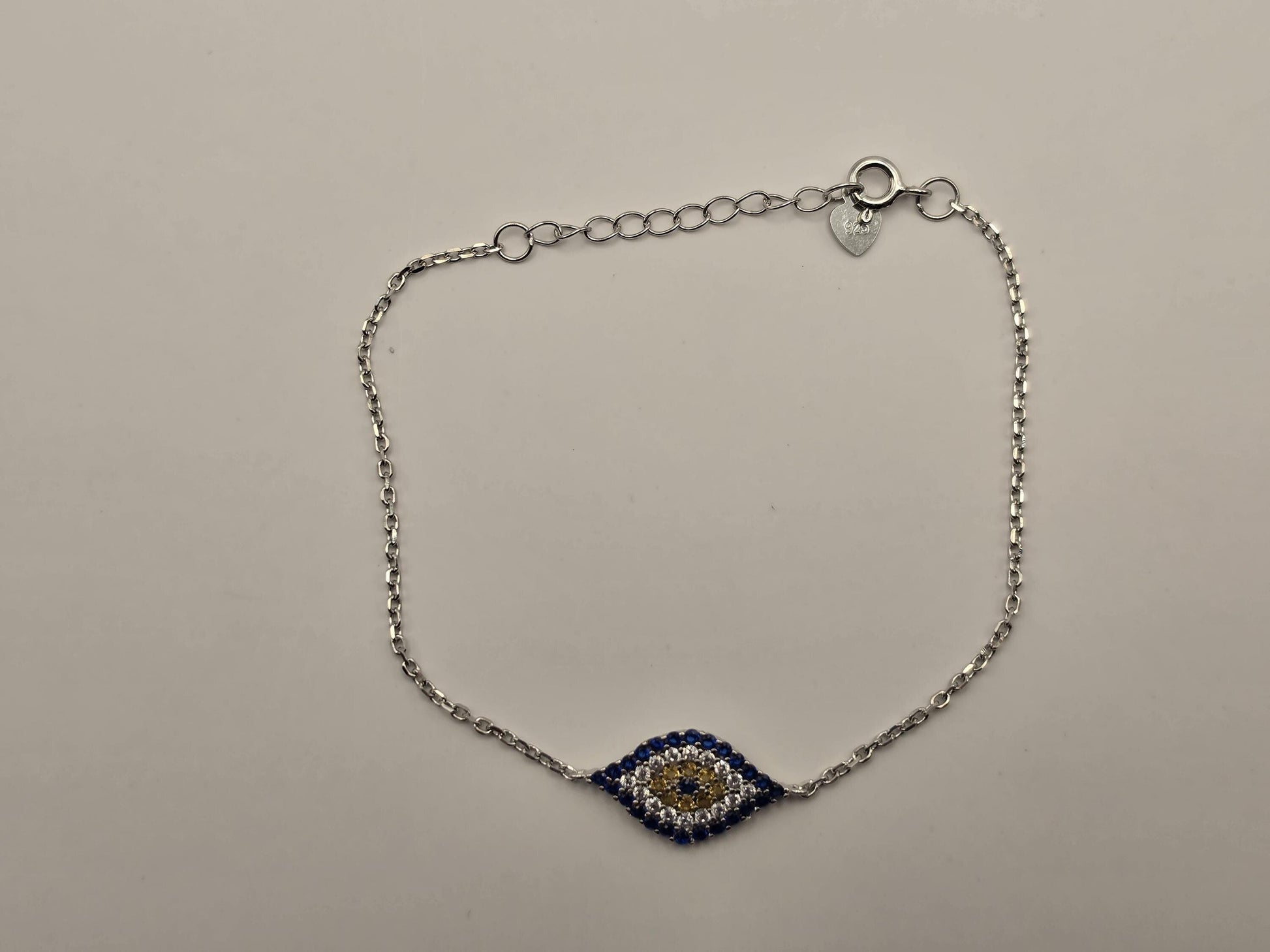 Sterling Silver Evil Eye Chain Bracelet, Blue CZ Pave Delicate Link 925