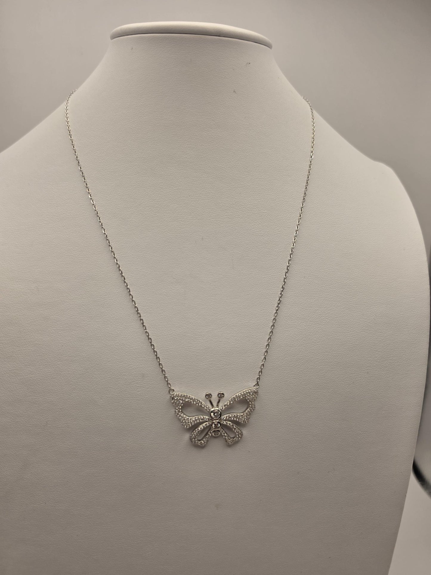 Sterling Silver CZ Butterfly Pendant Necklace, Open Wing Double Chain 925