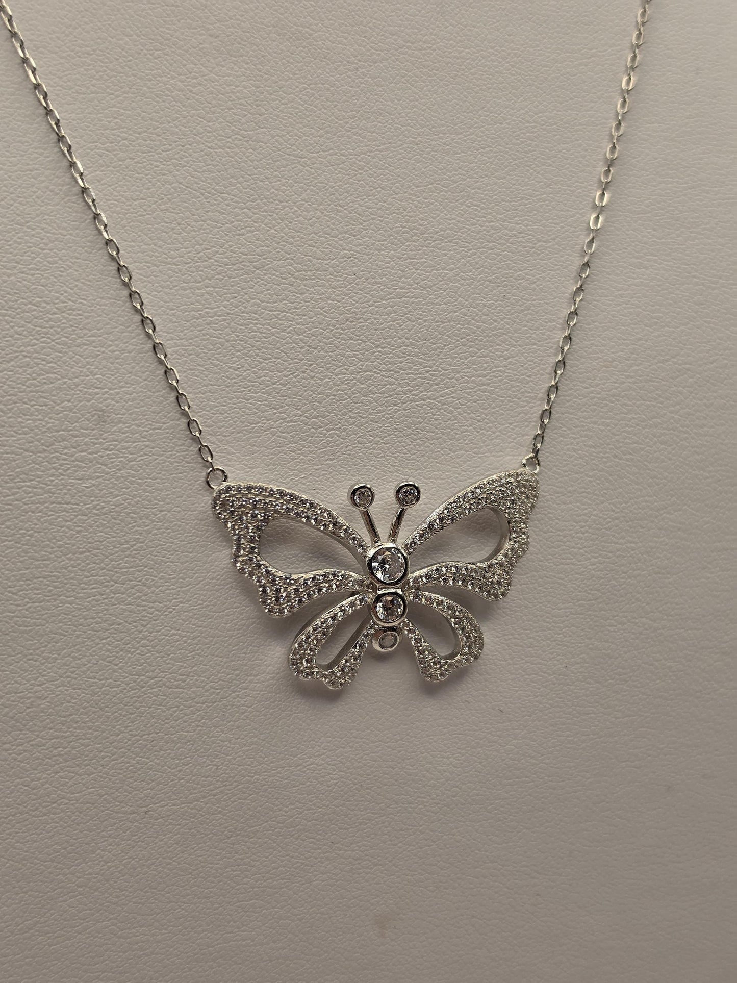 Sterling Silver CZ Butterfly Pendant Necklace, Open Wing Double Chain 925