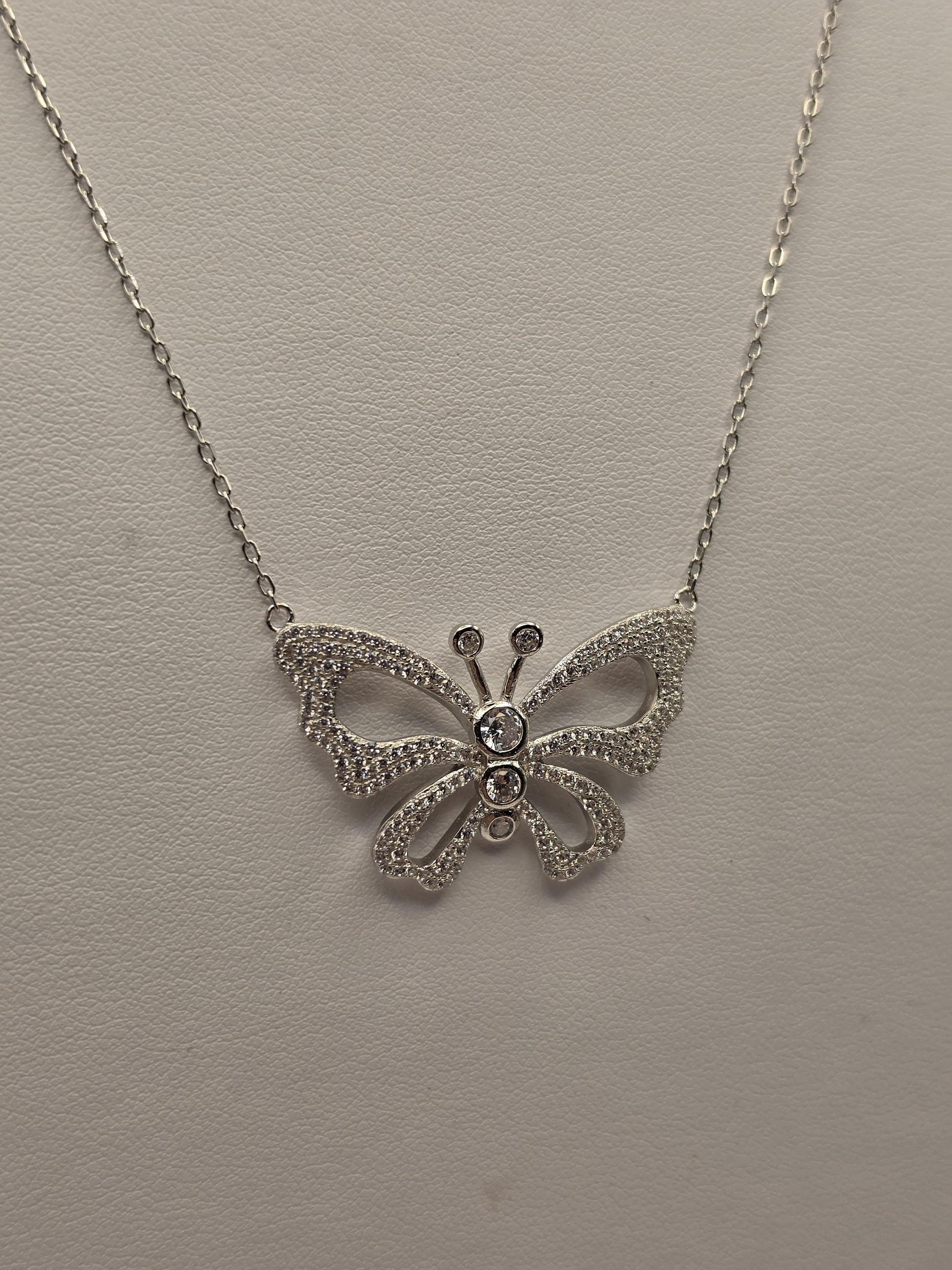 Sterling Silver CZ Butterfly Pendant Necklace, Open Wing Double Chain 925