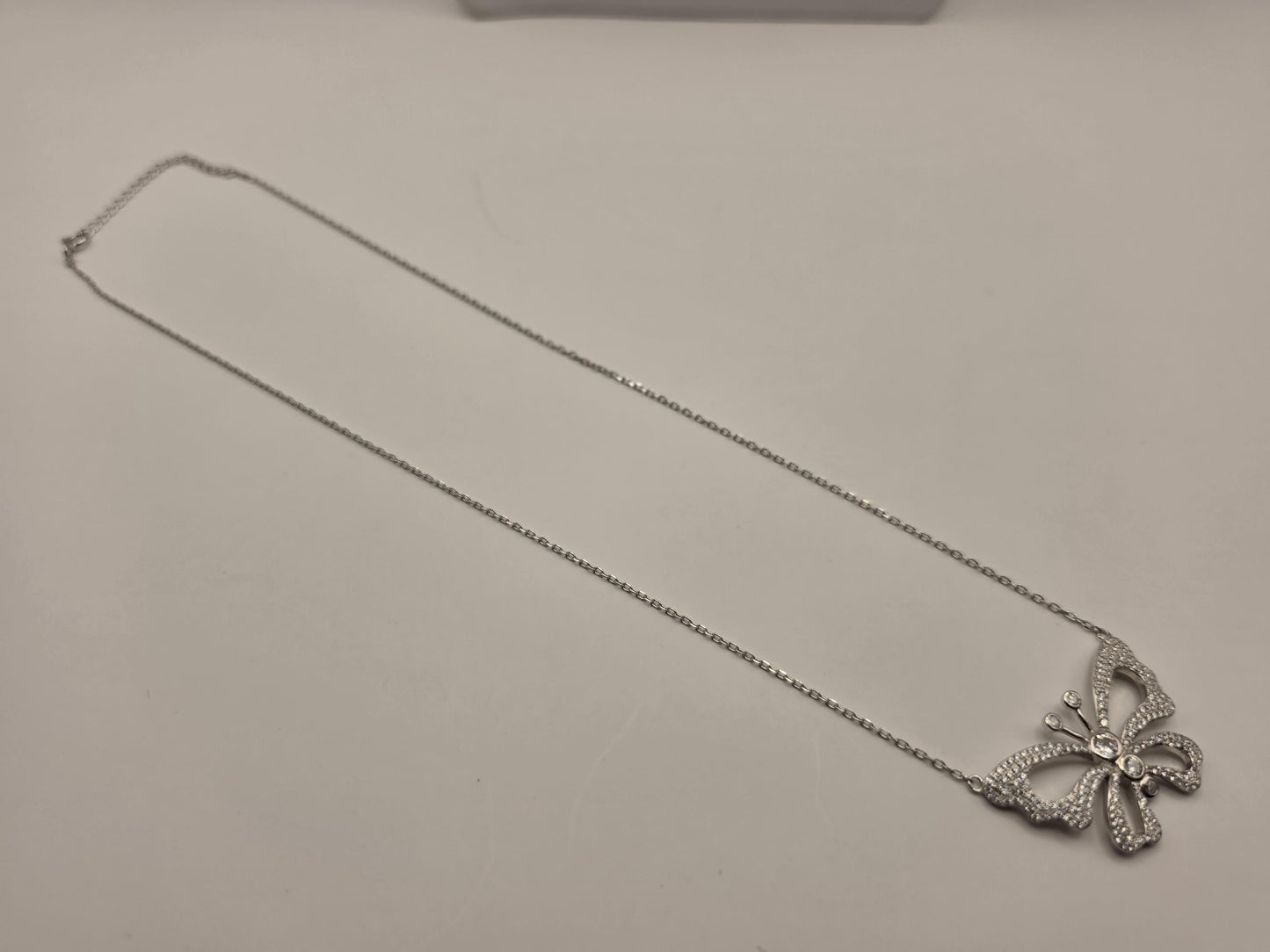 Sterling Silver CZ Butterfly Pendant Necklace, Open Wing Double Chain 925