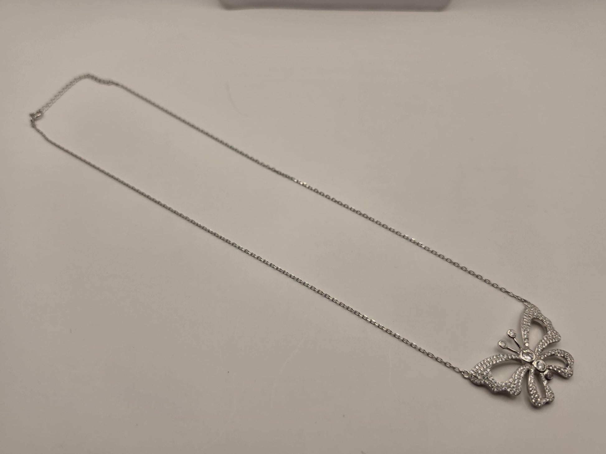 Sterling Silver CZ Butterfly Pendant Necklace, Open Wing Double Chain 925