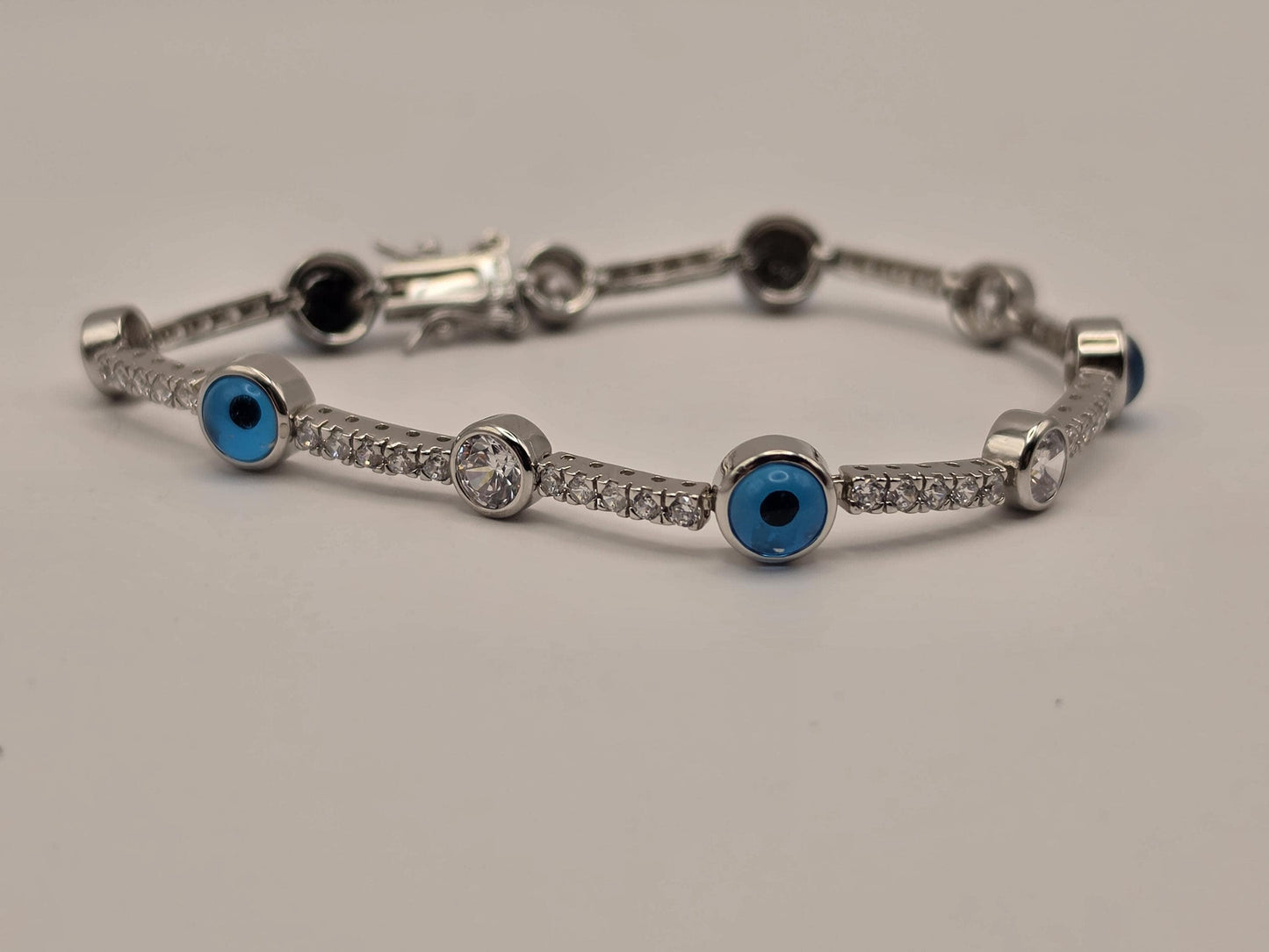 Sterling Silver Evil Eye Tennis Bracelet, Blue Enamel CZ Station 925