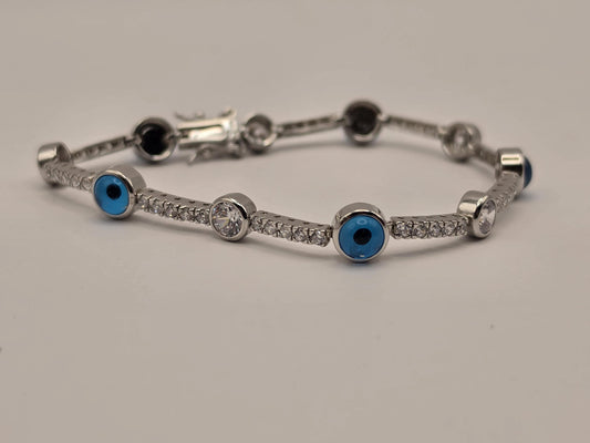 Sterling Silver Evil Eye Tennis Bracelet, Blue Enamel CZ Station 925