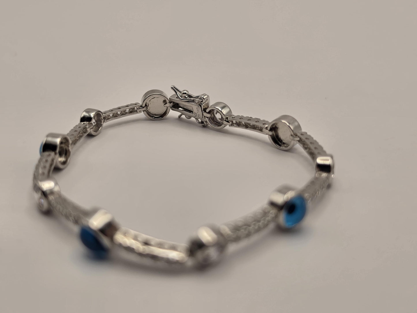 Sterling Silver Evil Eye Tennis Bracelet, Blue Enamel CZ Station 925