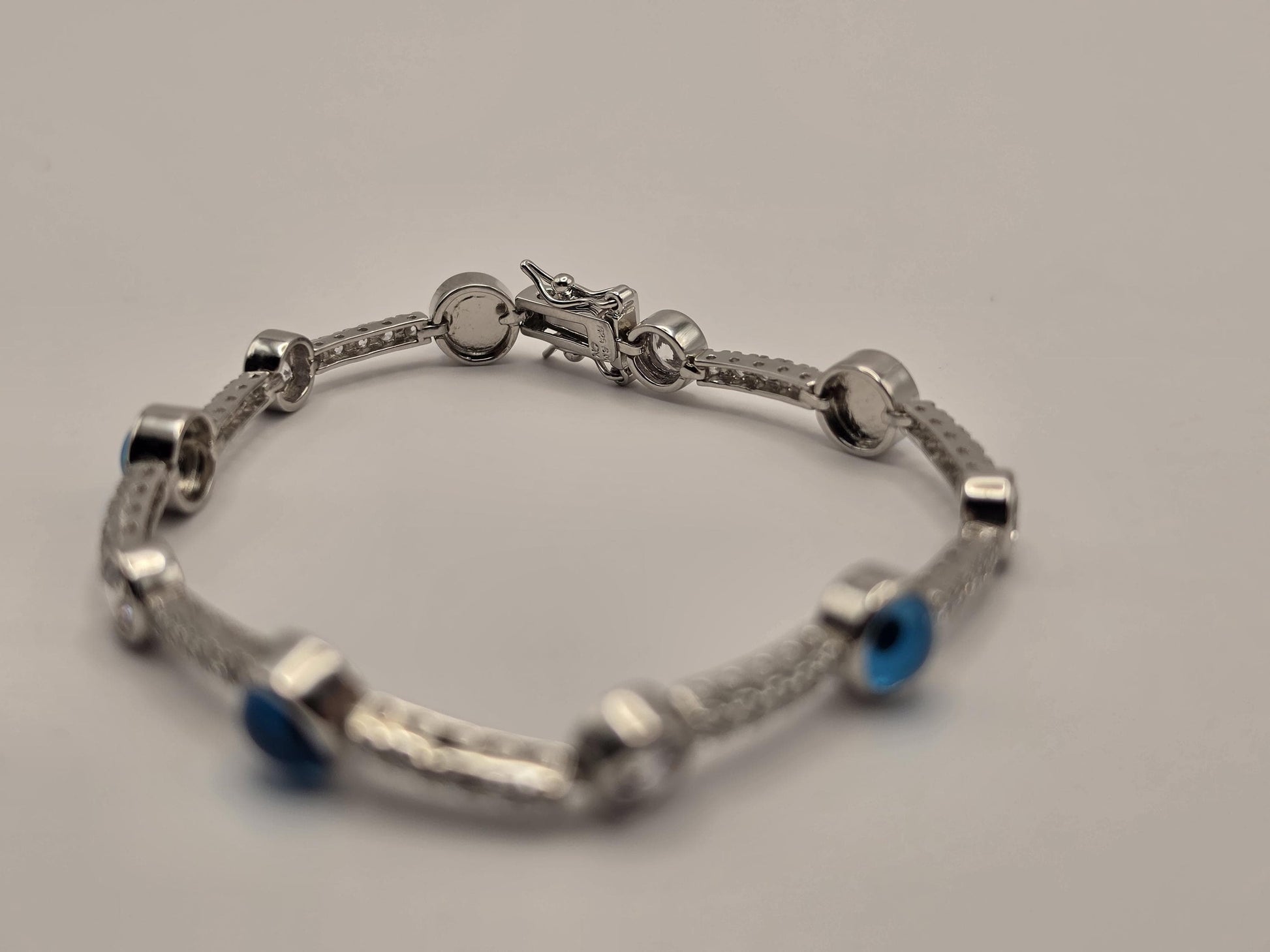 Sterling Silver Evil Eye Tennis Bracelet, Blue Enamel CZ Station 925