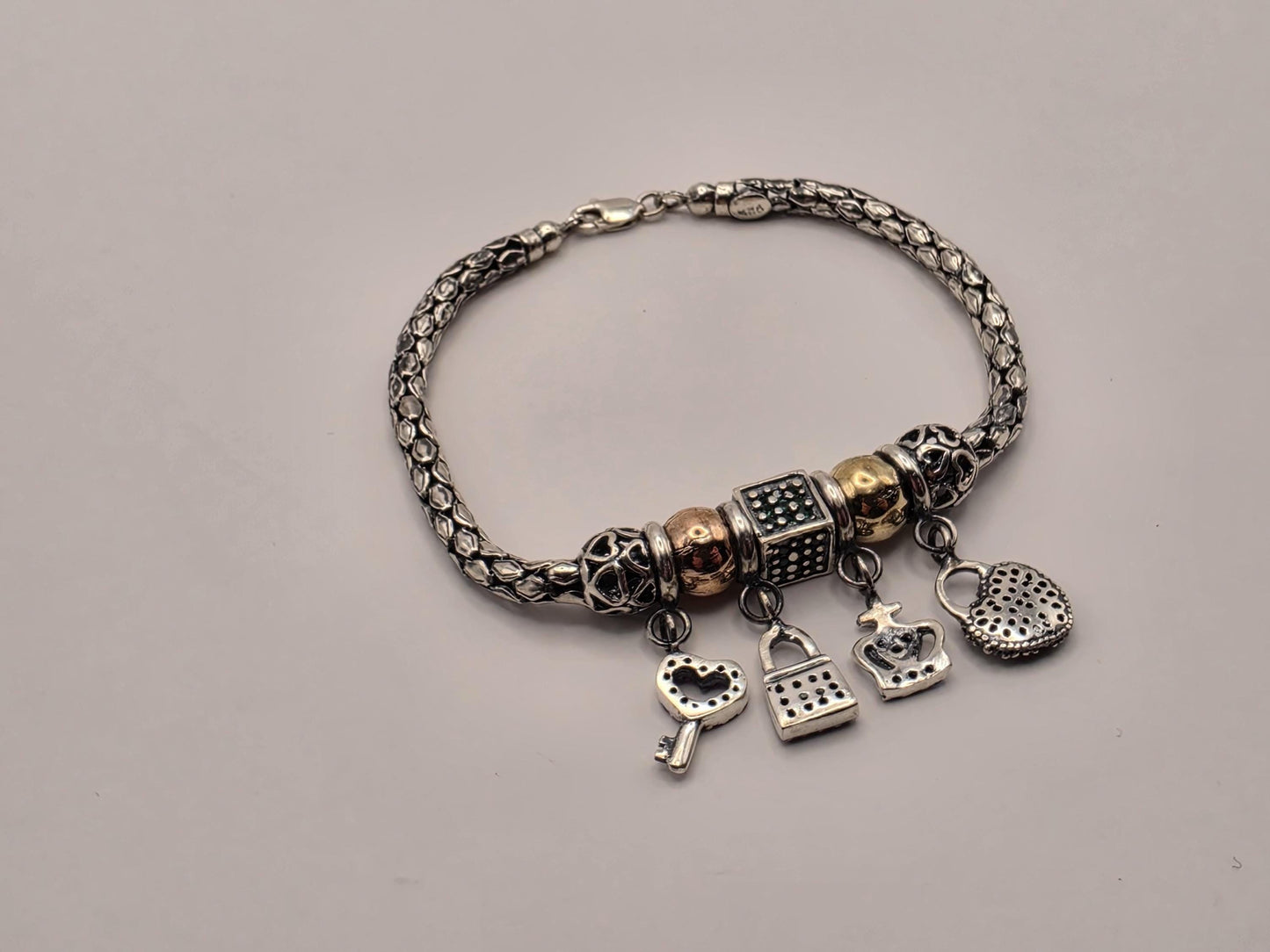 Sterling Silver Charm Bracelet, Snake Chain with Mixed Charms 925