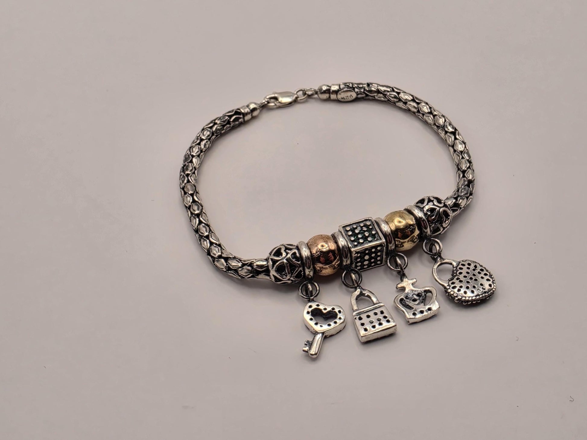 Sterling Silver Charm Bracelet, Snake Chain with Mixed Charms 925