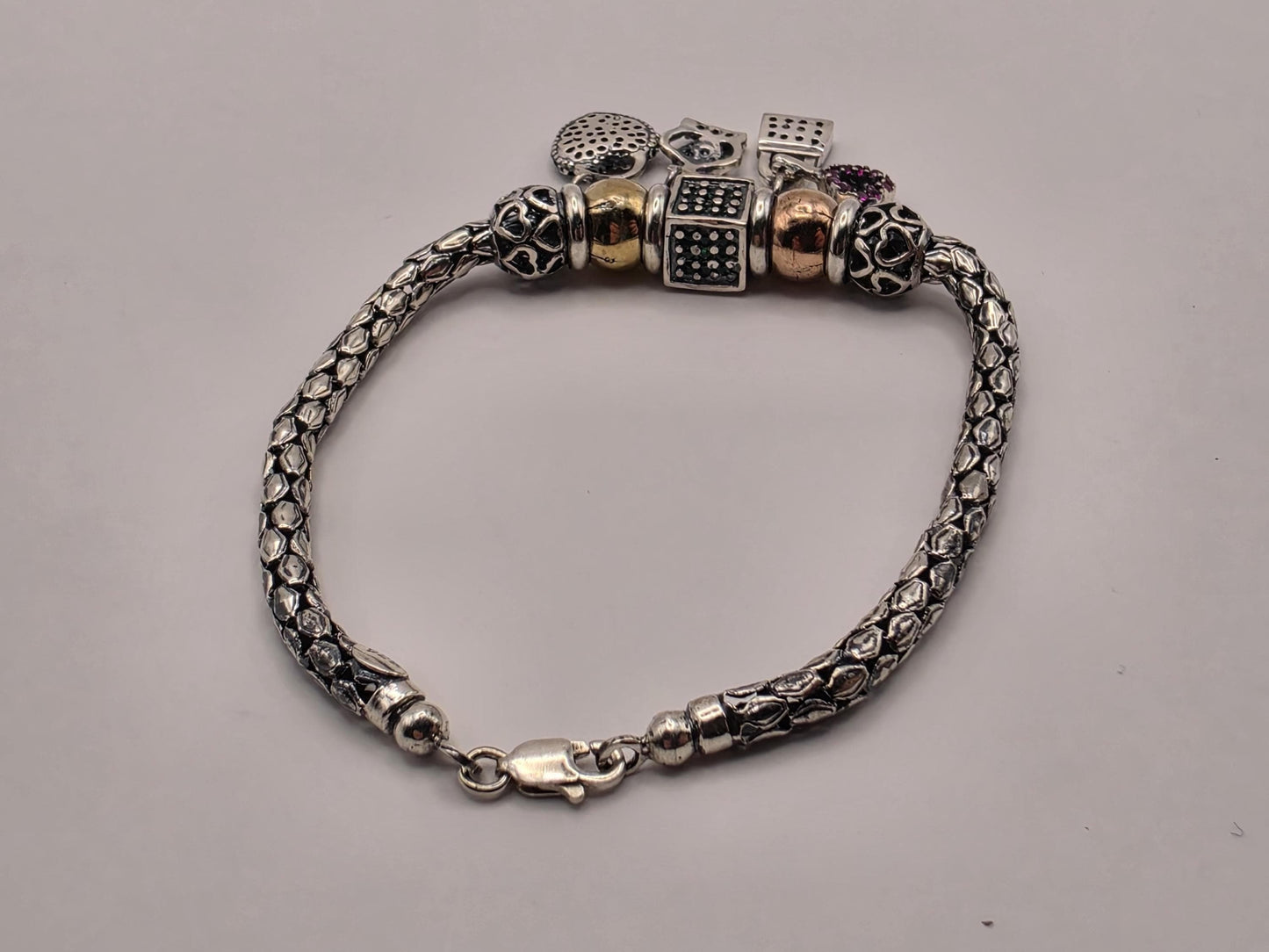 Sterling Silver Charm Bracelet, Snake Chain with Mixed Charms 925
