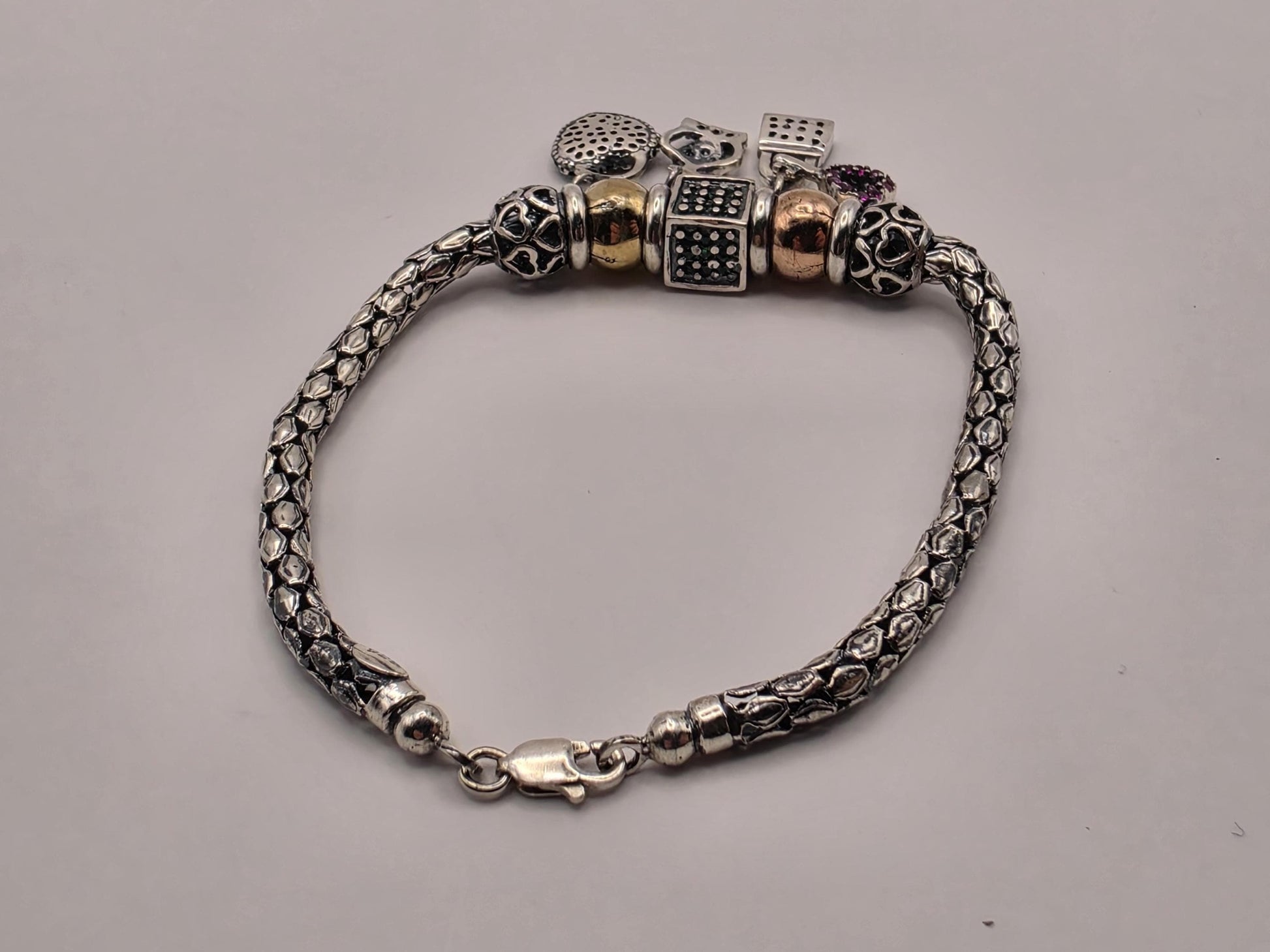 Sterling Silver Charm Bracelet, Snake Chain with Mixed Charms 925