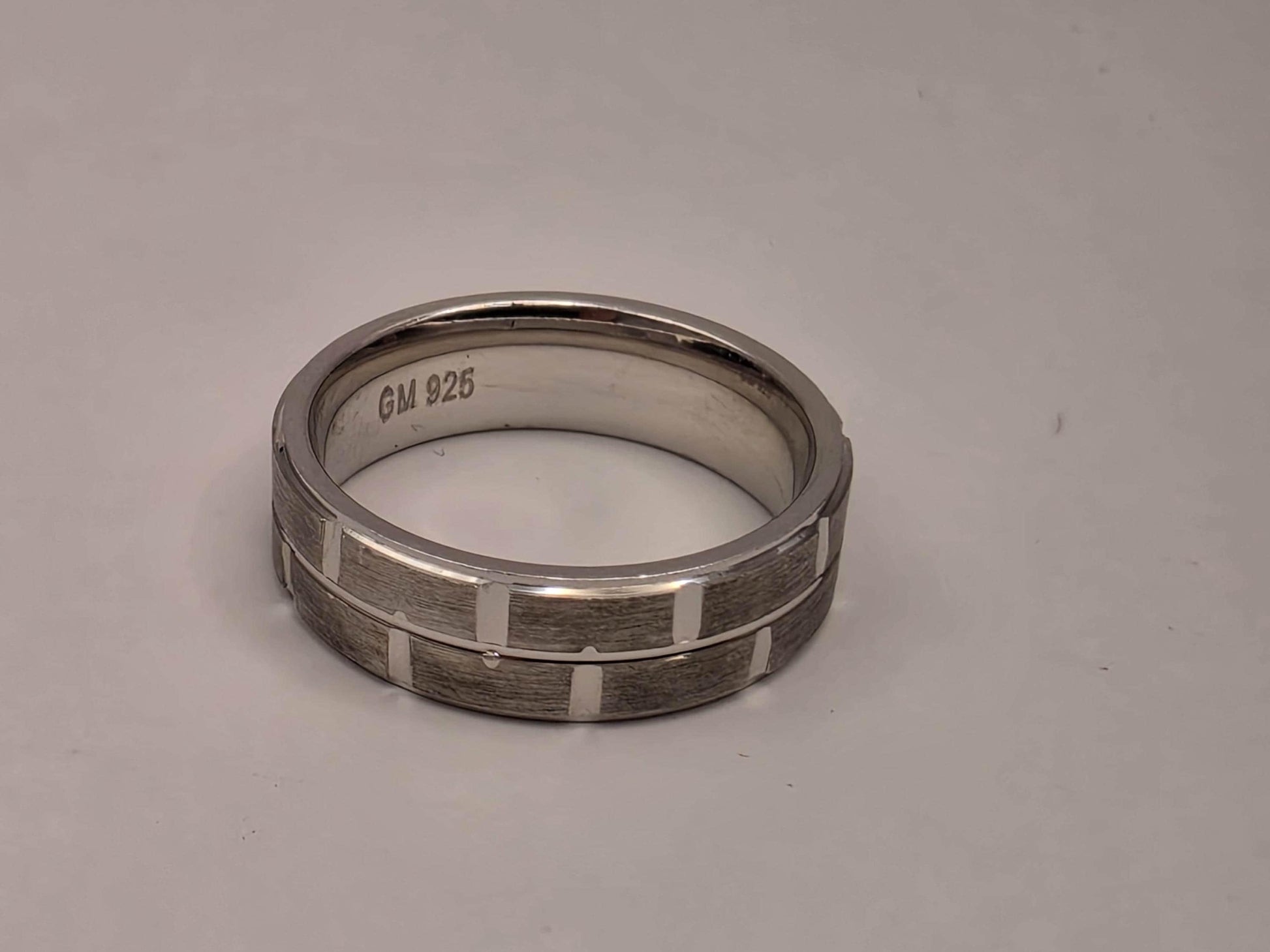 Sterling Silver Brick Pattern Wide Band Ring, Engraved Grid Design 925 Size 7
