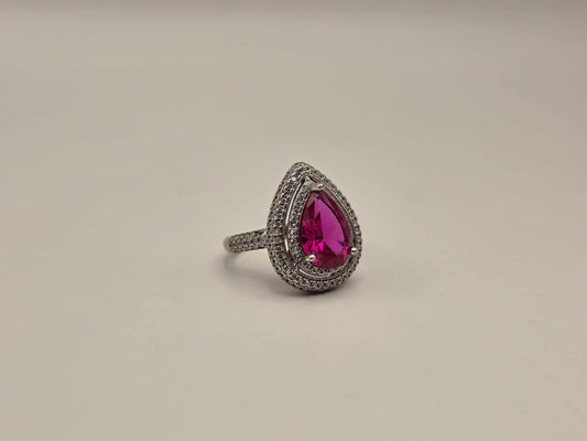 Sterling Silver Pink CZ Pear Halo Ring, Double Row Pave Statement 925 Size 7