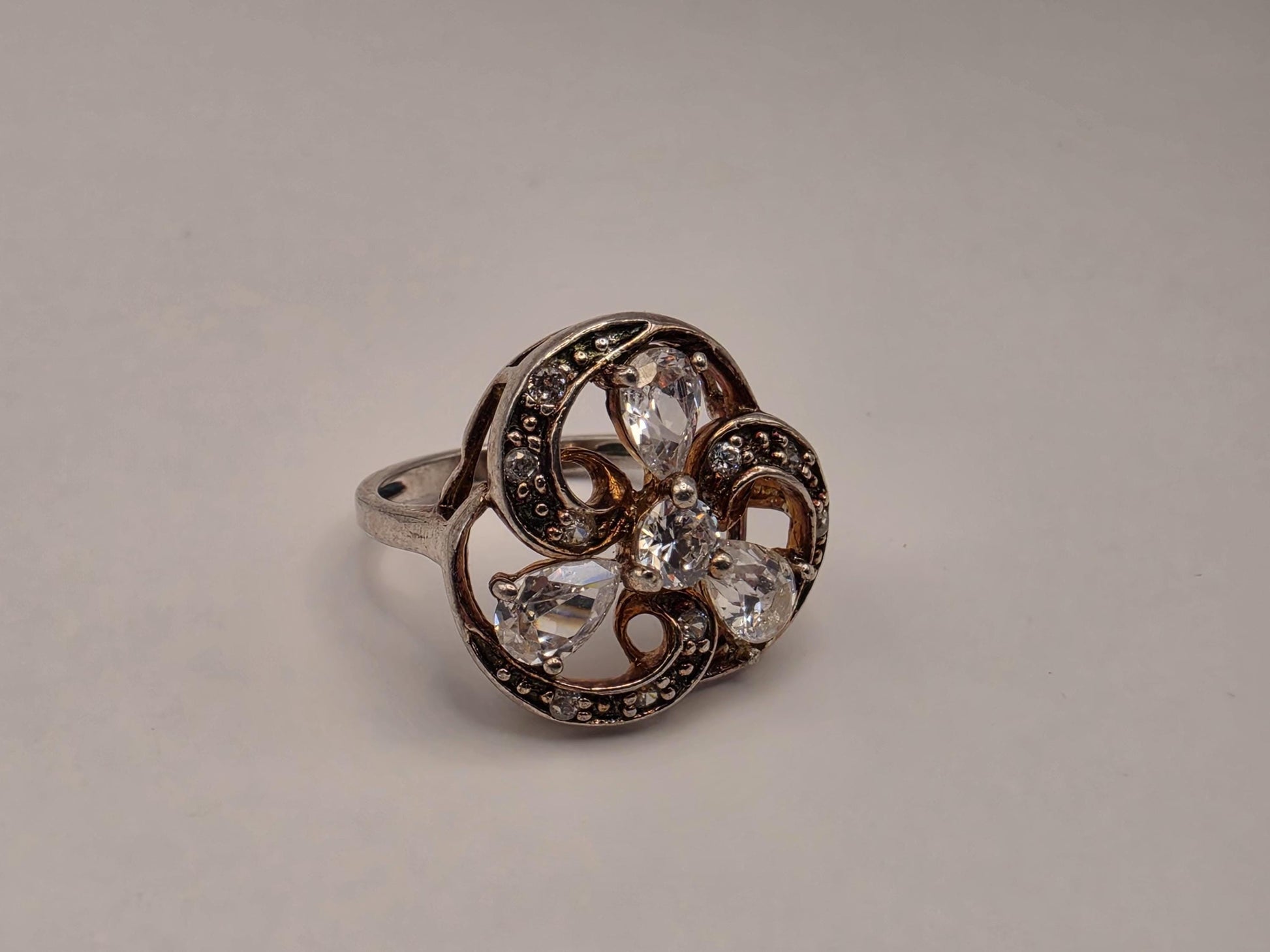 Sterling Silver CZ Floral Scroll Ring, Open Work Pear Cut Statement 925 Size 6