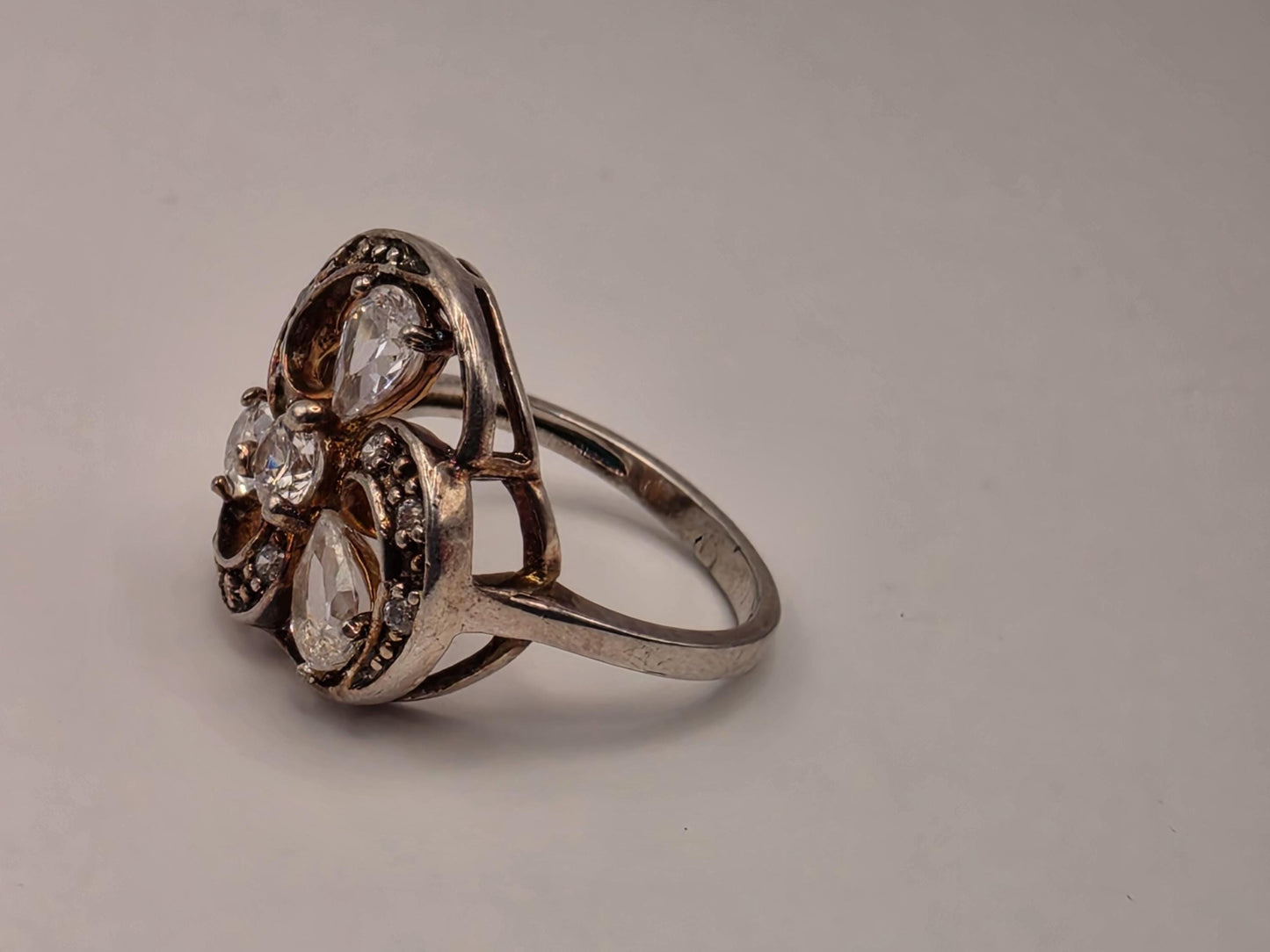 Sterling Silver CZ Floral Scroll Ring, Open Work Pear Cut Statement 925 Size 6