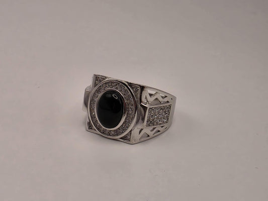 Sterling Silver Black Onyx Signet Ring, CZ Pave Halo Statement Ring 925 Size 9