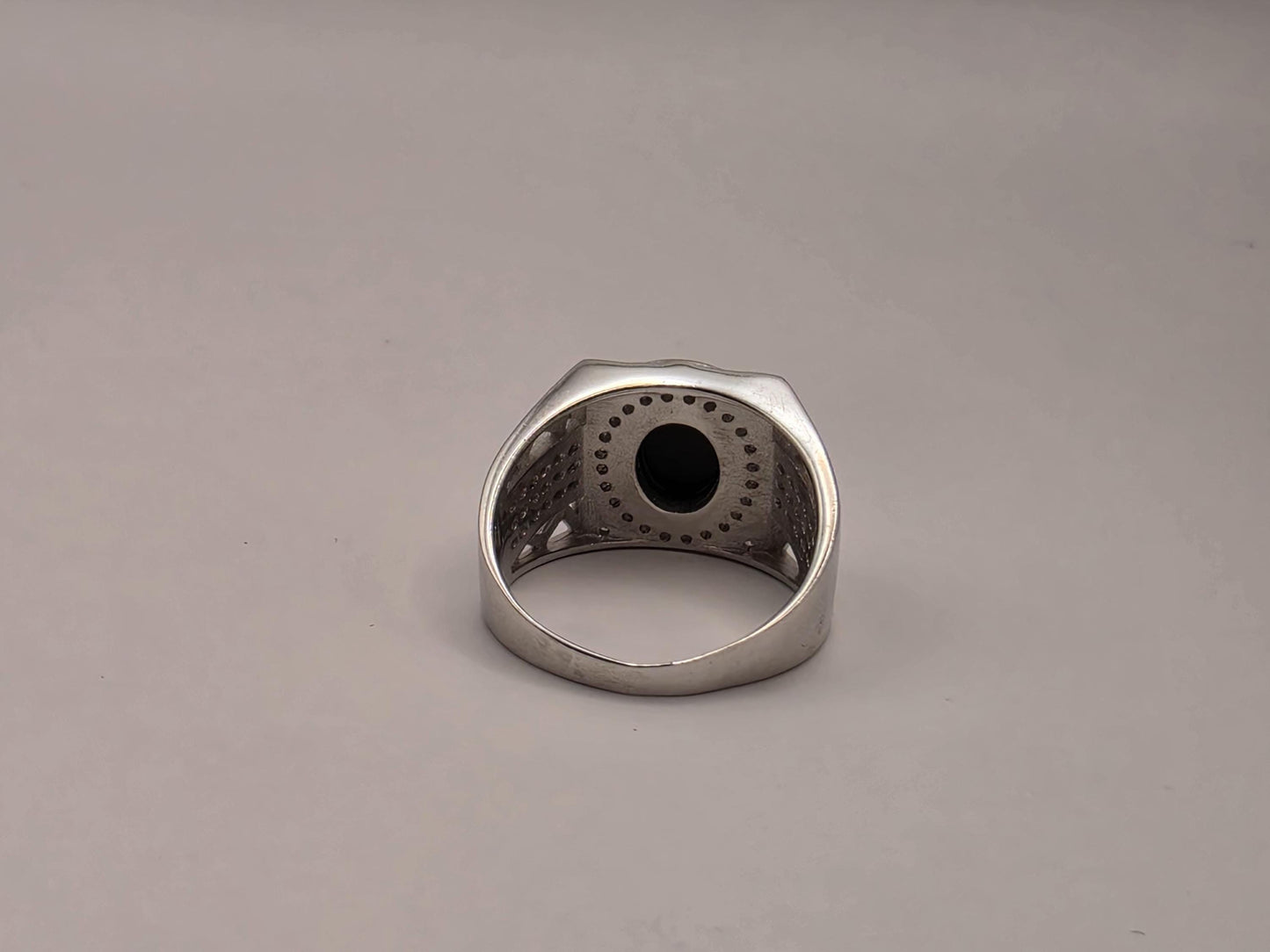 Sterling Silver Black Onyx Signet Ring, CZ Pave Halo Statement Ring 925 Size 9