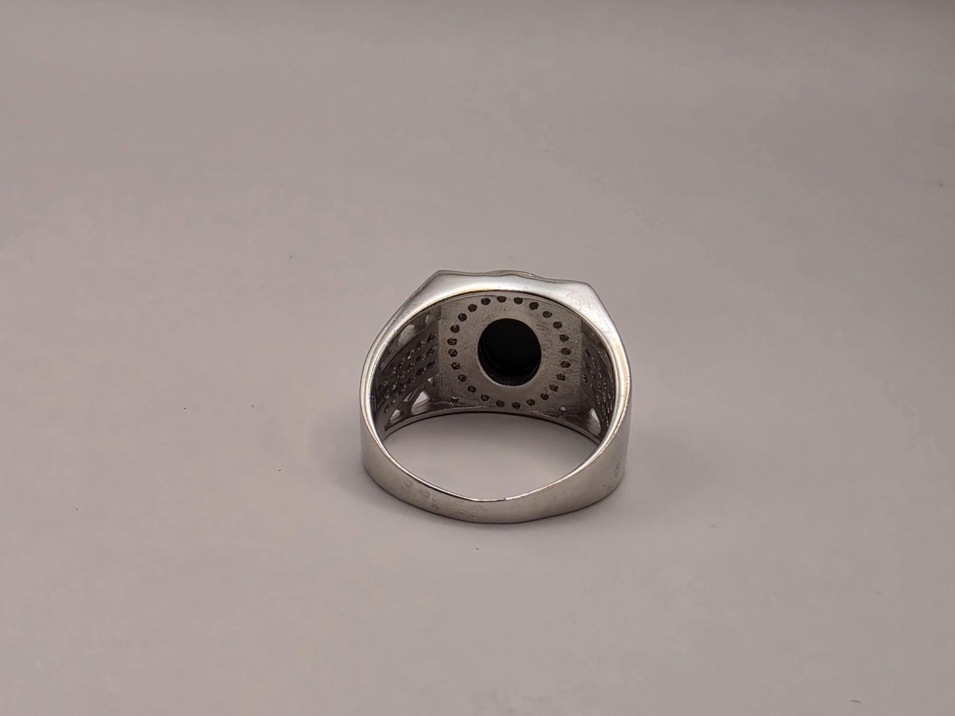 Sterling Silver Black Onyx Signet Ring, CZ Pave Halo Statement Ring 925 Size 9