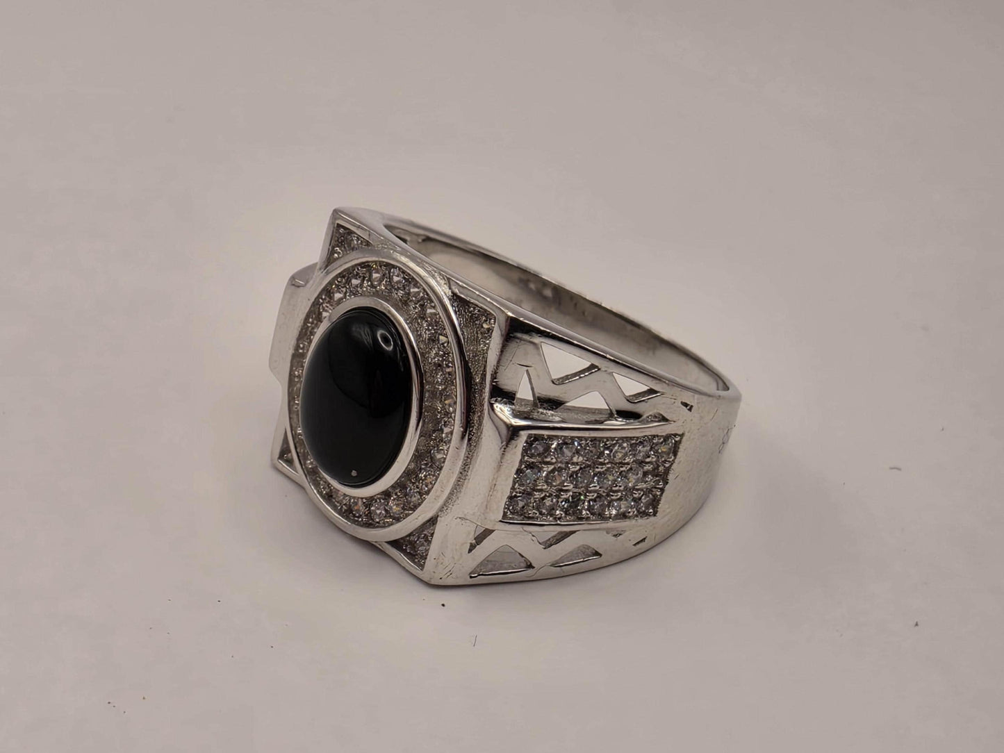 Sterling Silver Black Onyx Signet Ring, CZ Pave Halo Statement Ring 925 Size 9