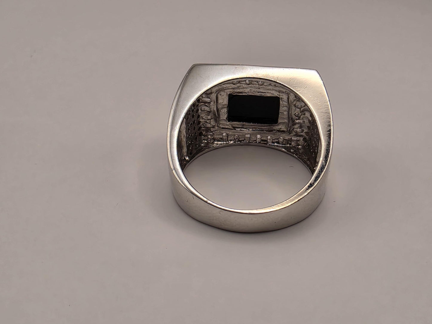 Sterling Silver Black Onyx Signet Ring, Rectangular Face CZ Accent 925 Size 8