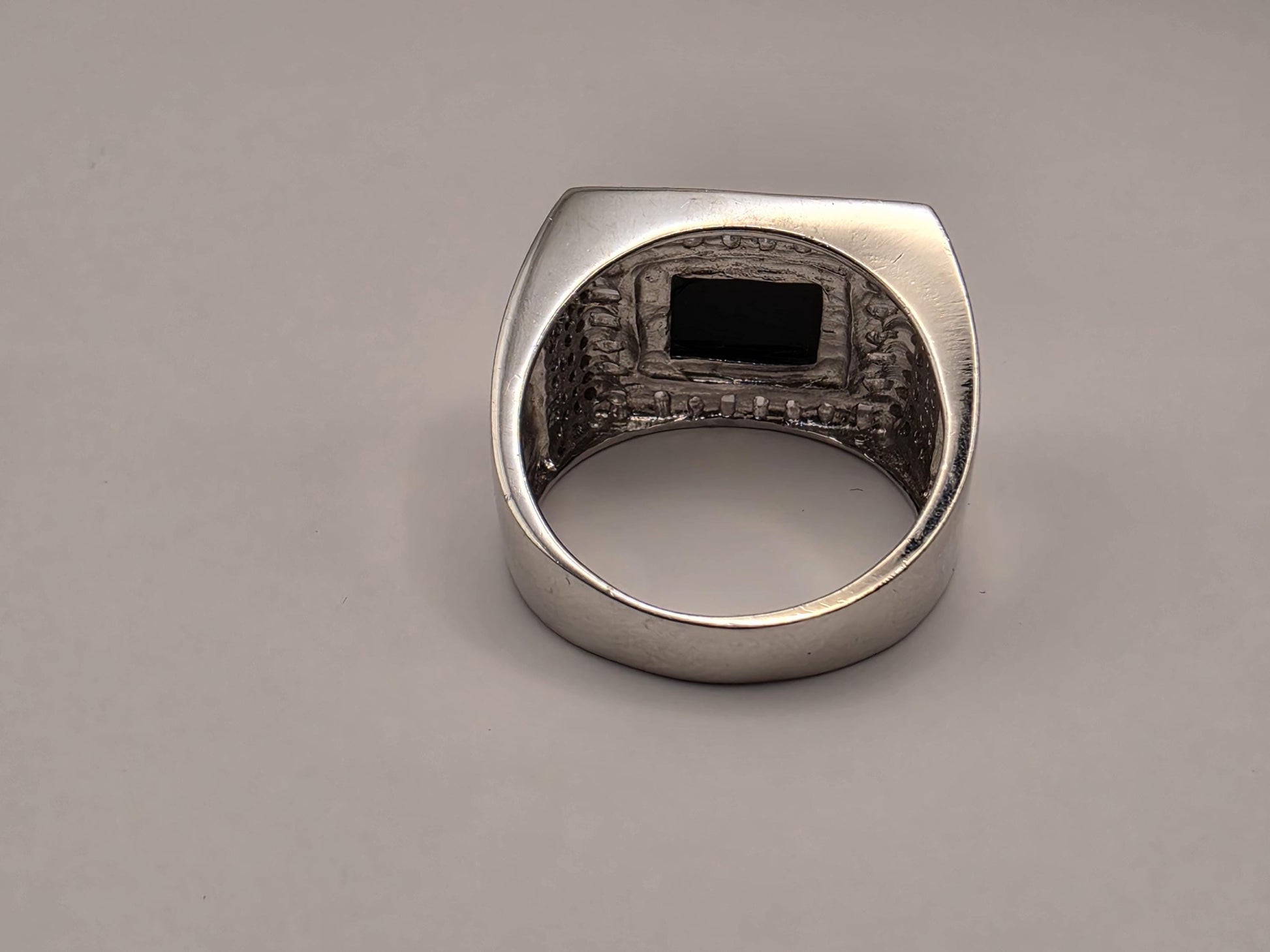 Sterling Silver Black Onyx Signet Ring, Rectangular Face CZ Accent 925 Size 8