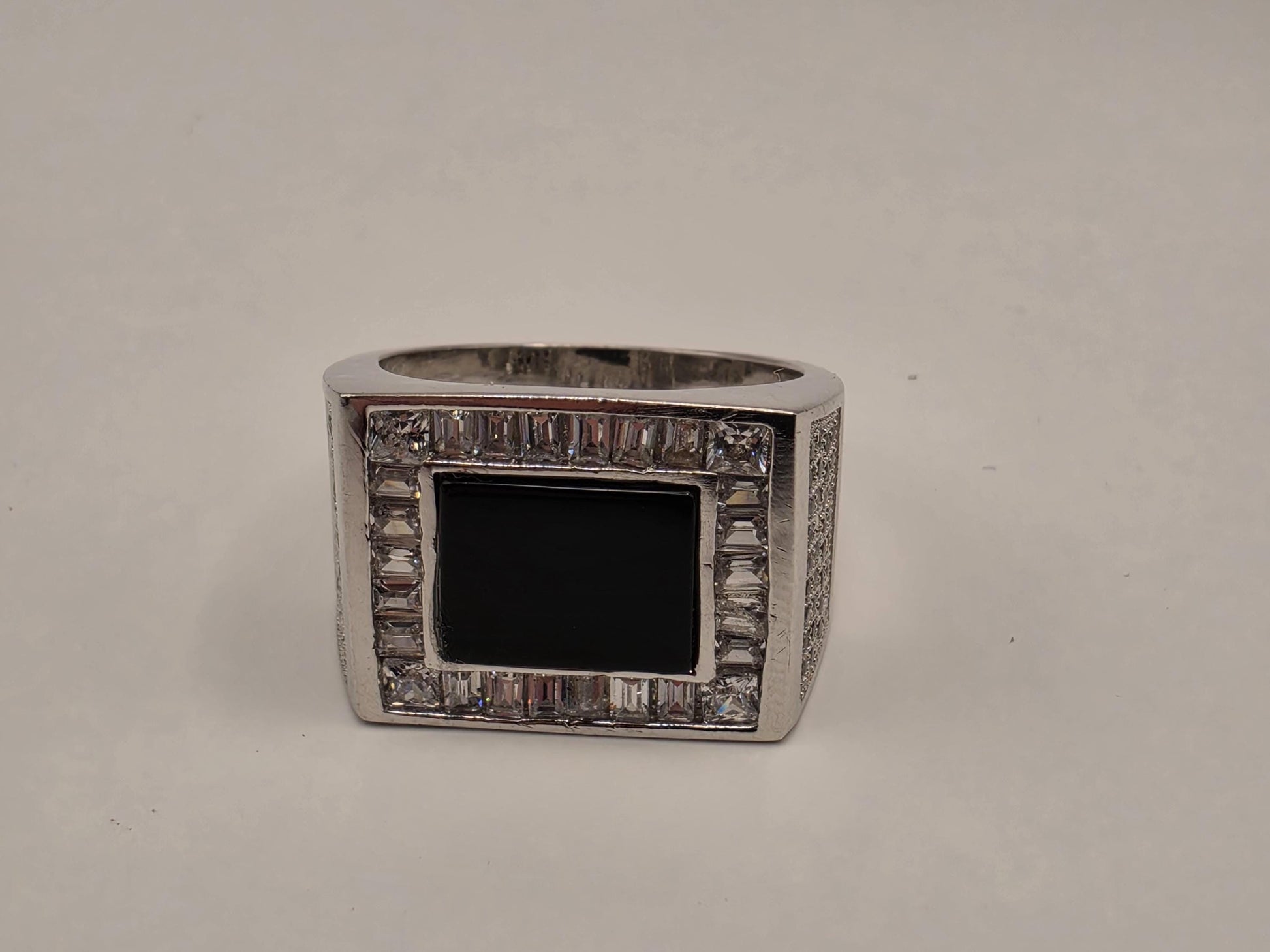 Sterling Silver Black Onyx Signet Ring, Rectangular Face CZ Accent 925 Size 8