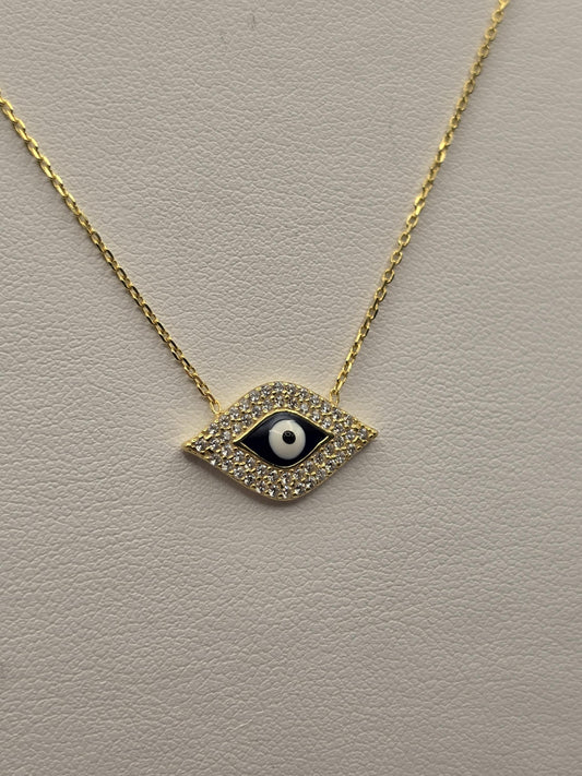 Gold Plated Sterling Silver Evil Eye Necklace, Diamond Shape CZ Pave 17.5 Inch 925