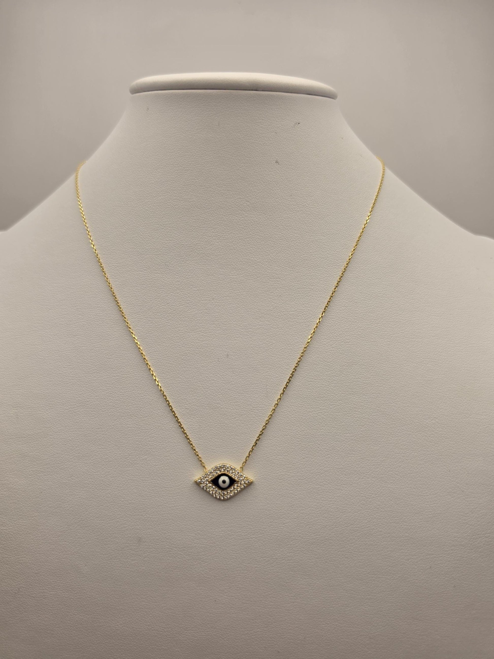 Gold Plated Sterling Silver Evil Eye Necklace, Diamond Shape CZ Pave 17.5 Inch 925