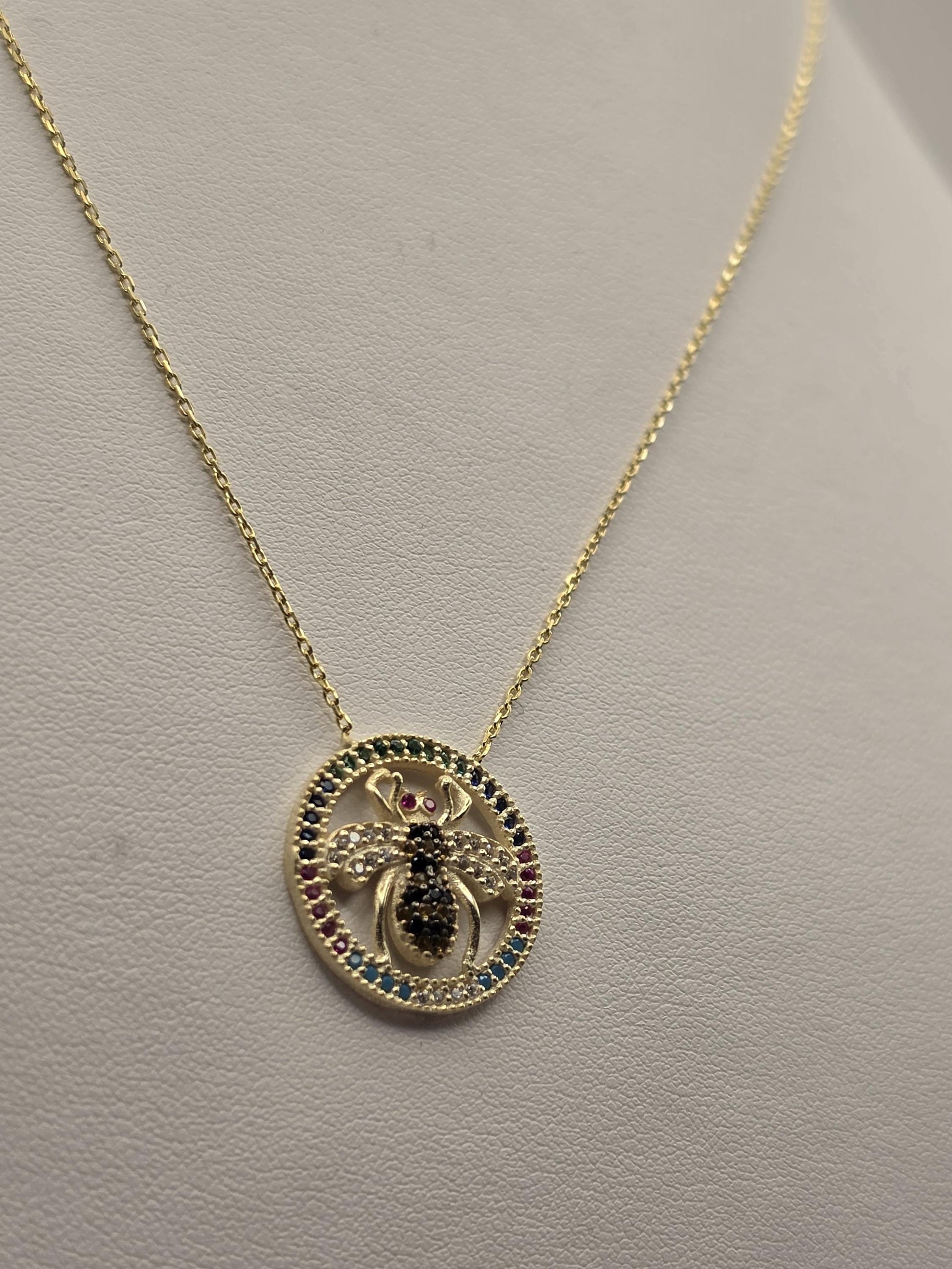 Gold Plated Sterling Silver Bee Pendant Necklace, Multicolor CZ Circle Halo 18 Inch 925