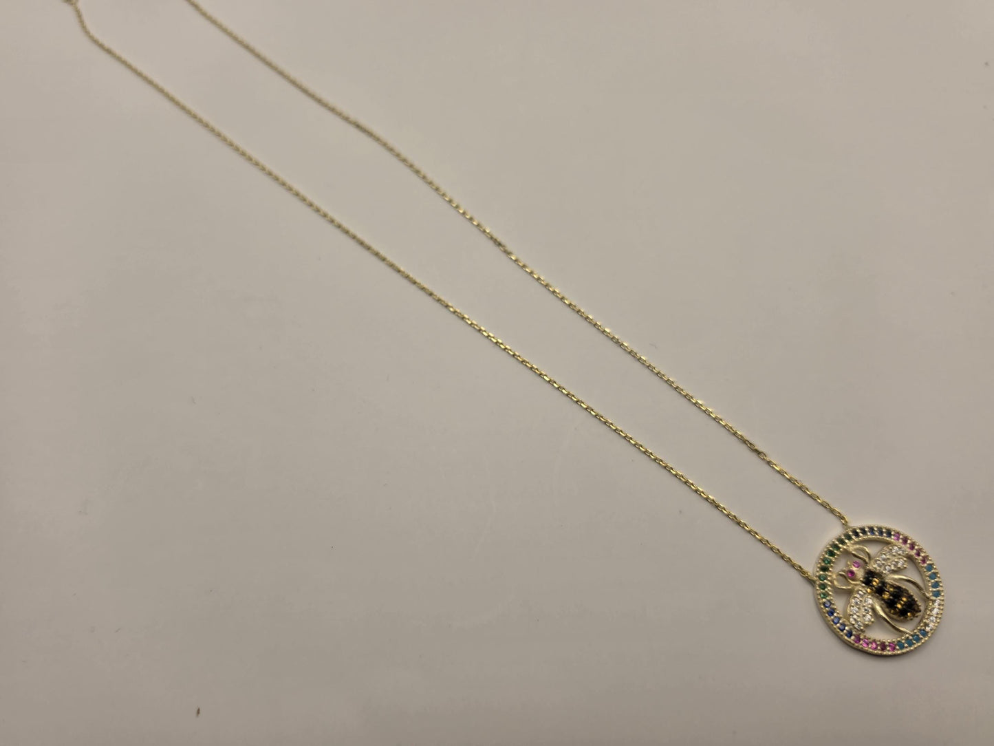 Gold Plated Sterling Silver Bee Pendant Necklace, Multicolor CZ Circle Halo 18 Inch 925