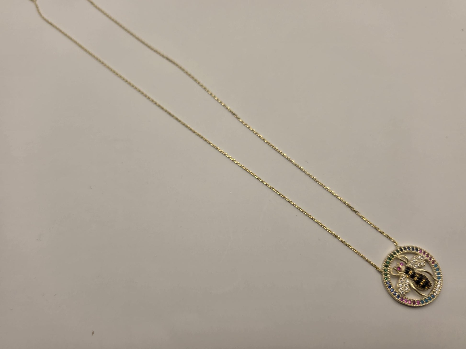 Gold Plated Sterling Silver Bee Pendant Necklace, Multicolor CZ Circle Halo 18 Inch 925