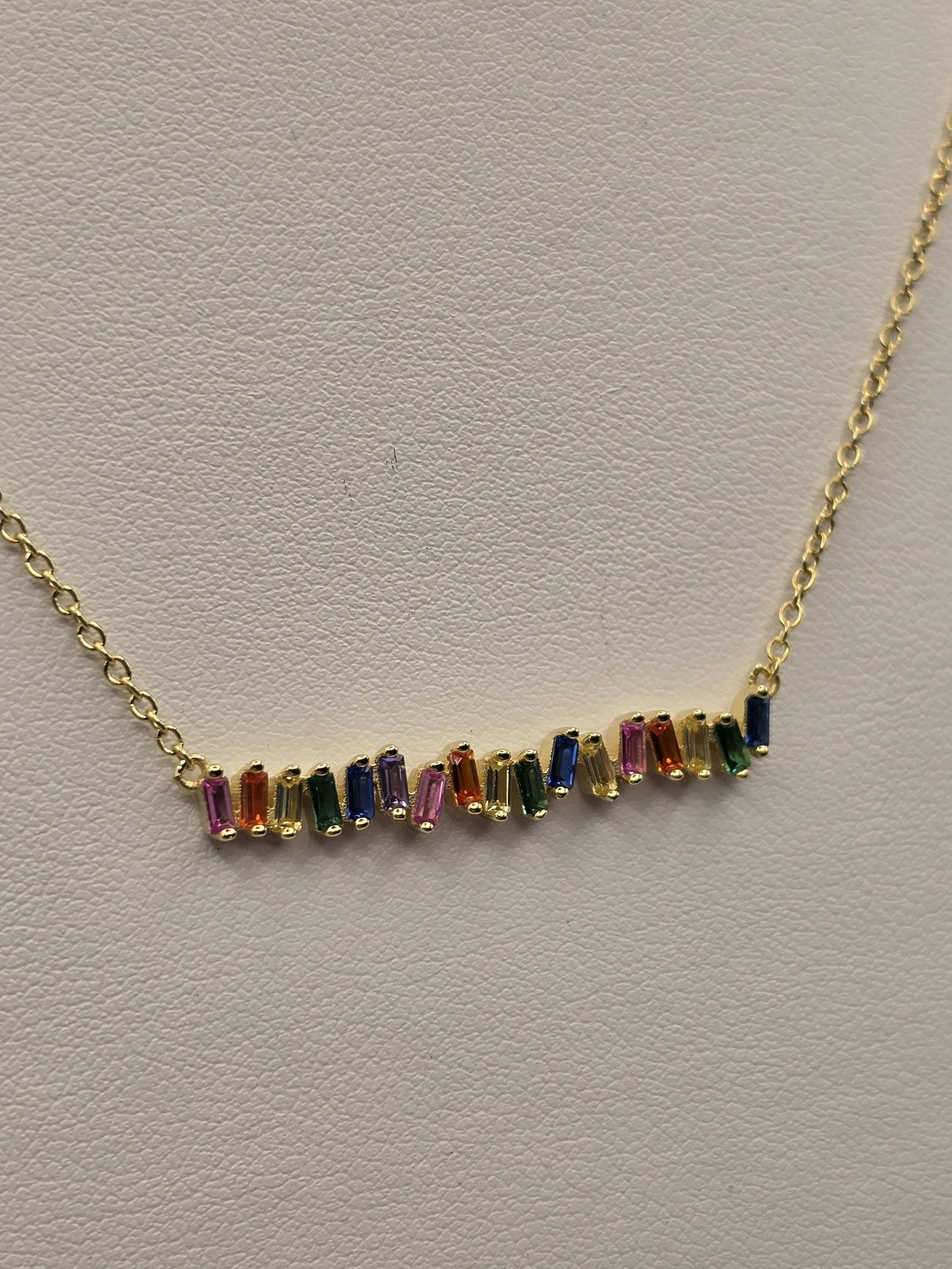 Gold Plated Sterling Silver Rainbow Bar Necklace, Multicolor Baguette CZ 925