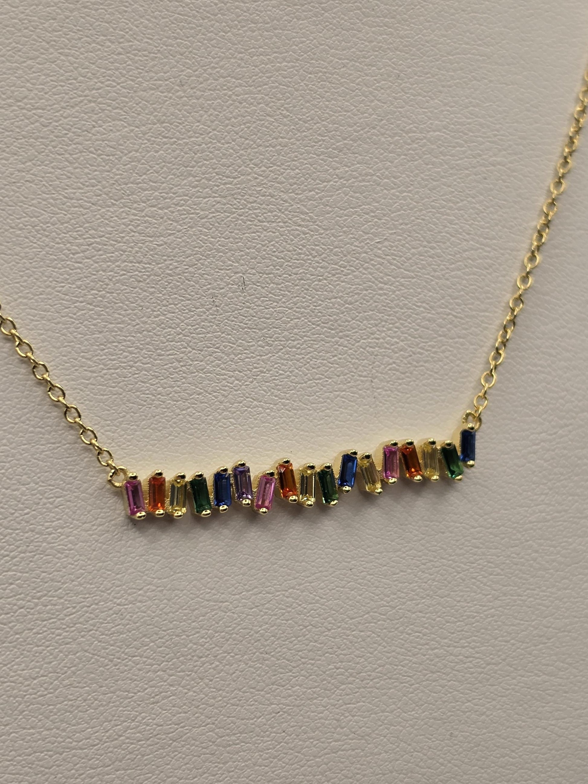 Gold Plated Sterling Silver Rainbow Bar Necklace, Multicolor Baguette CZ 925