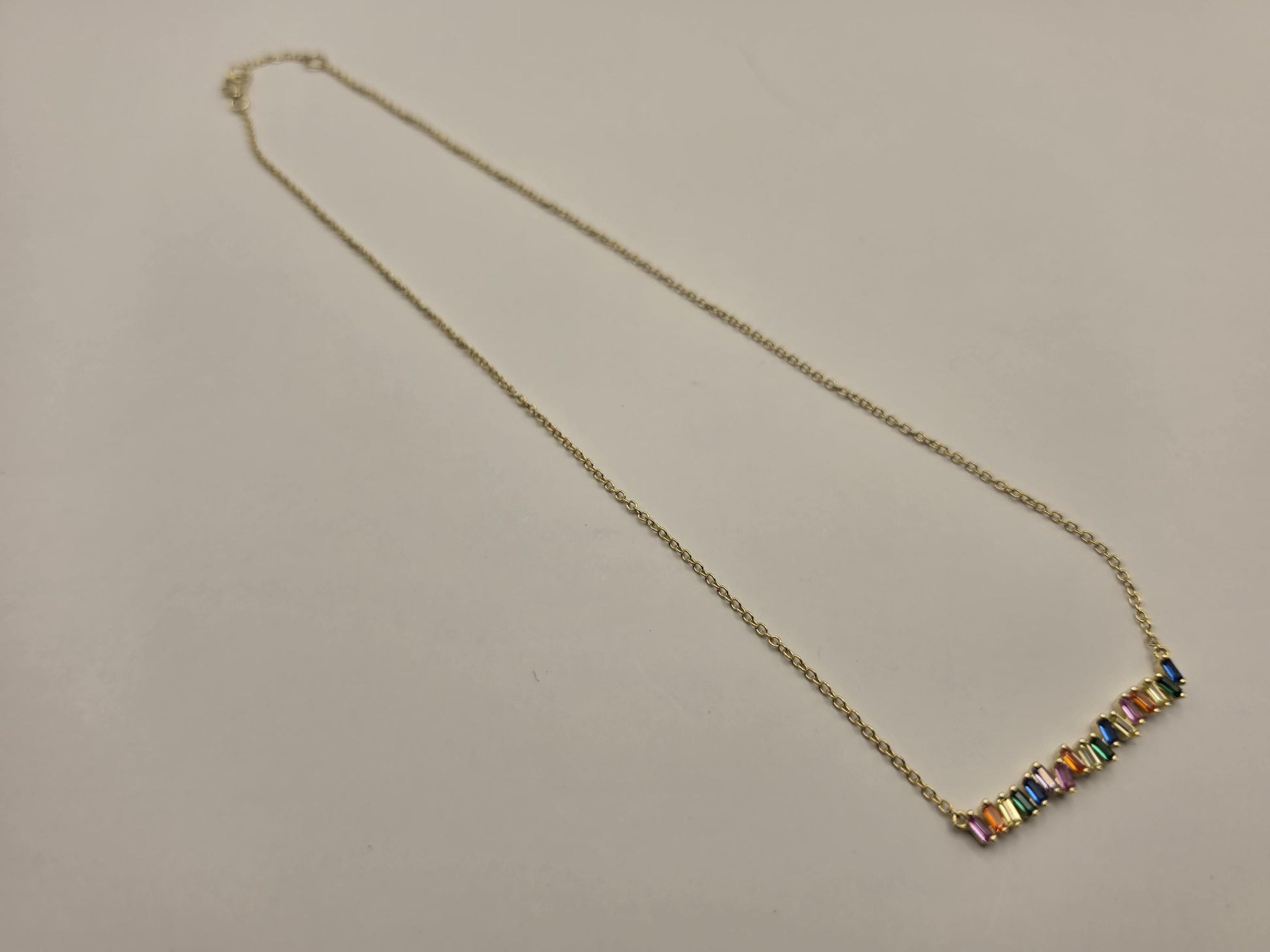 Gold Plated Sterling Silver Rainbow Bar Necklace, Multicolor Baguette CZ 925